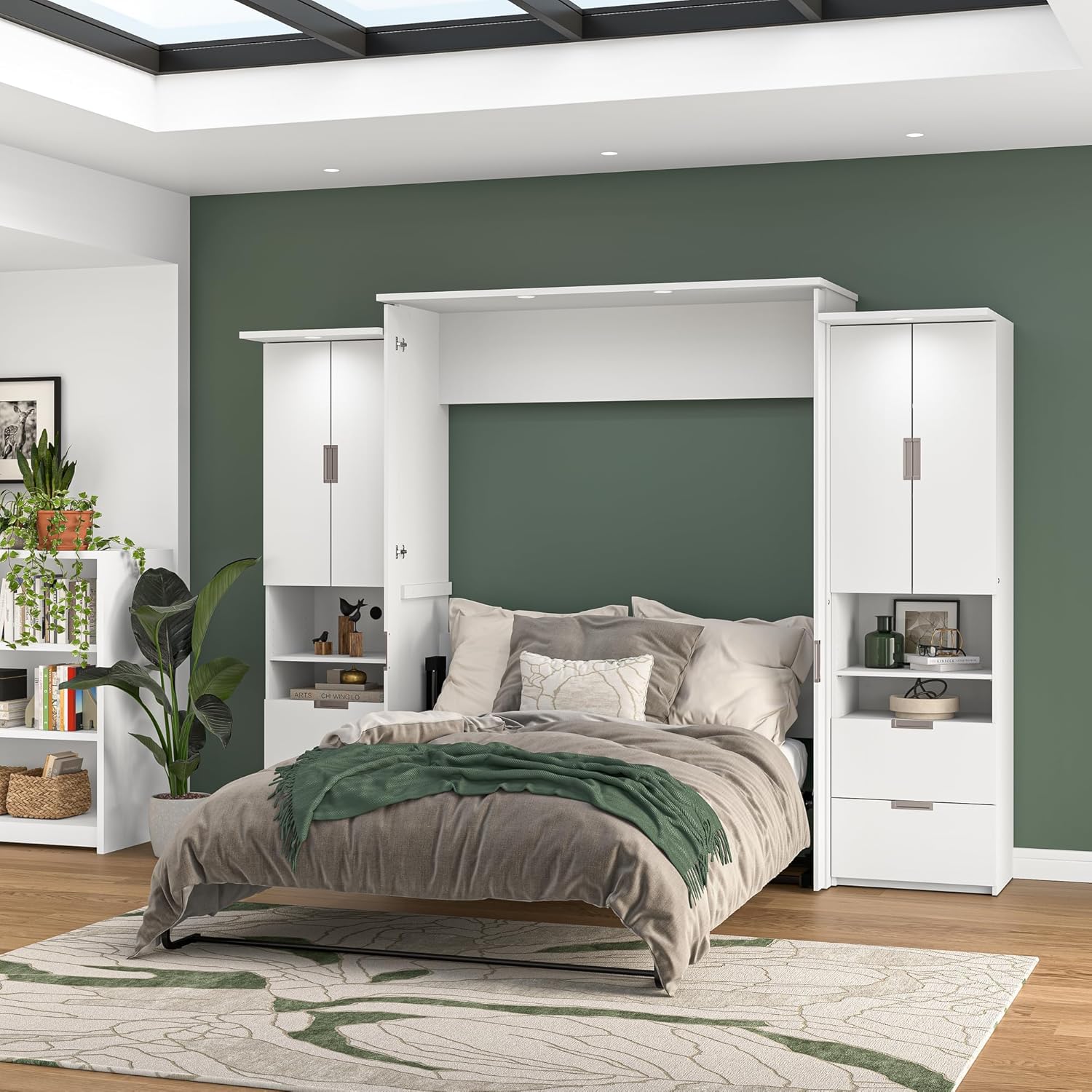 Bestar Lumina 114W Queen Murphy Bed with Desk and 2 Storage Cabinets in White, Sleeping Arrangement with Drawers