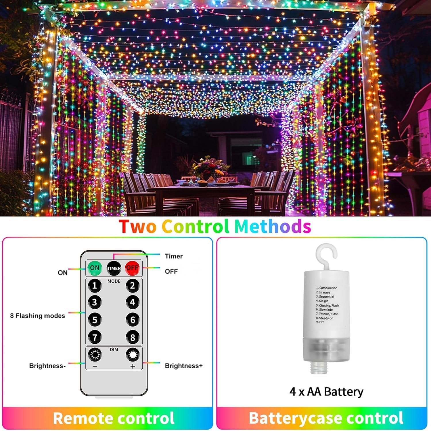 Curtain Lights Battery Operated 10x10ft 300LED Hanging Fairy String Lights Multicolor Warm White Dual Color Changing USB-C Power Port Dimmable Waterproof Remote Timer Memory for Christmas Gazebo Patio