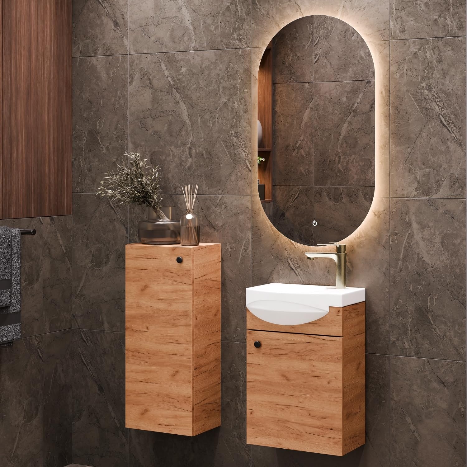 Planetmöbel Ensemble de Meubles de Salle de Bains Lavabo avec Meuble Bas 40 x 60 x 29 cm, Miroir avec éclairage 50 x 90 cm & Armoire Centrale pour Salle de Bains & WC invités, chêne doré