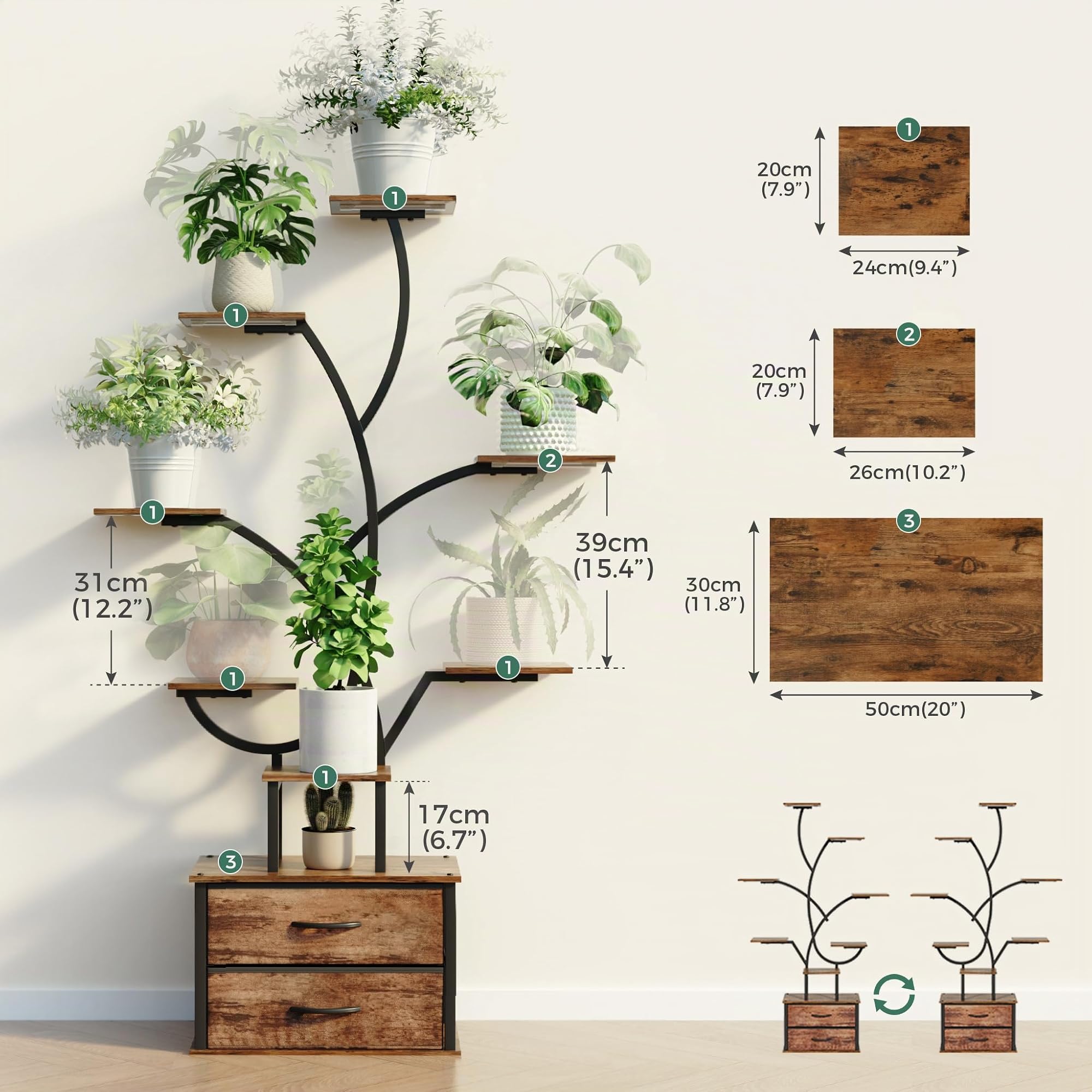 Mondeer Support de Plantes d'Intérieur avec Lumières de Croissance, Étagère d'Angle 9 Niveaux 160 cm avec 2 Tiroirs de Rangement, Luminosité Réglable & Minuterie, Présentoir Moderne pour Plantes - Sal