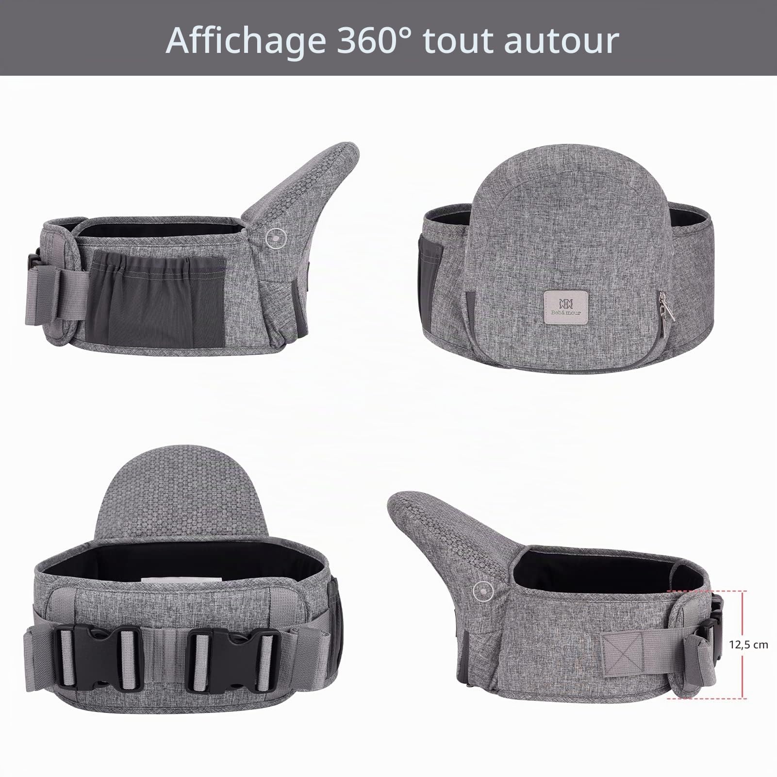 Bebamour Porte-bébé Hipseat 0-36 mois, tabouret de taille avec support dorsal léger et réglable, porte-bébé 3 en 1 siège bébé à tout-petit(New Light Grey)