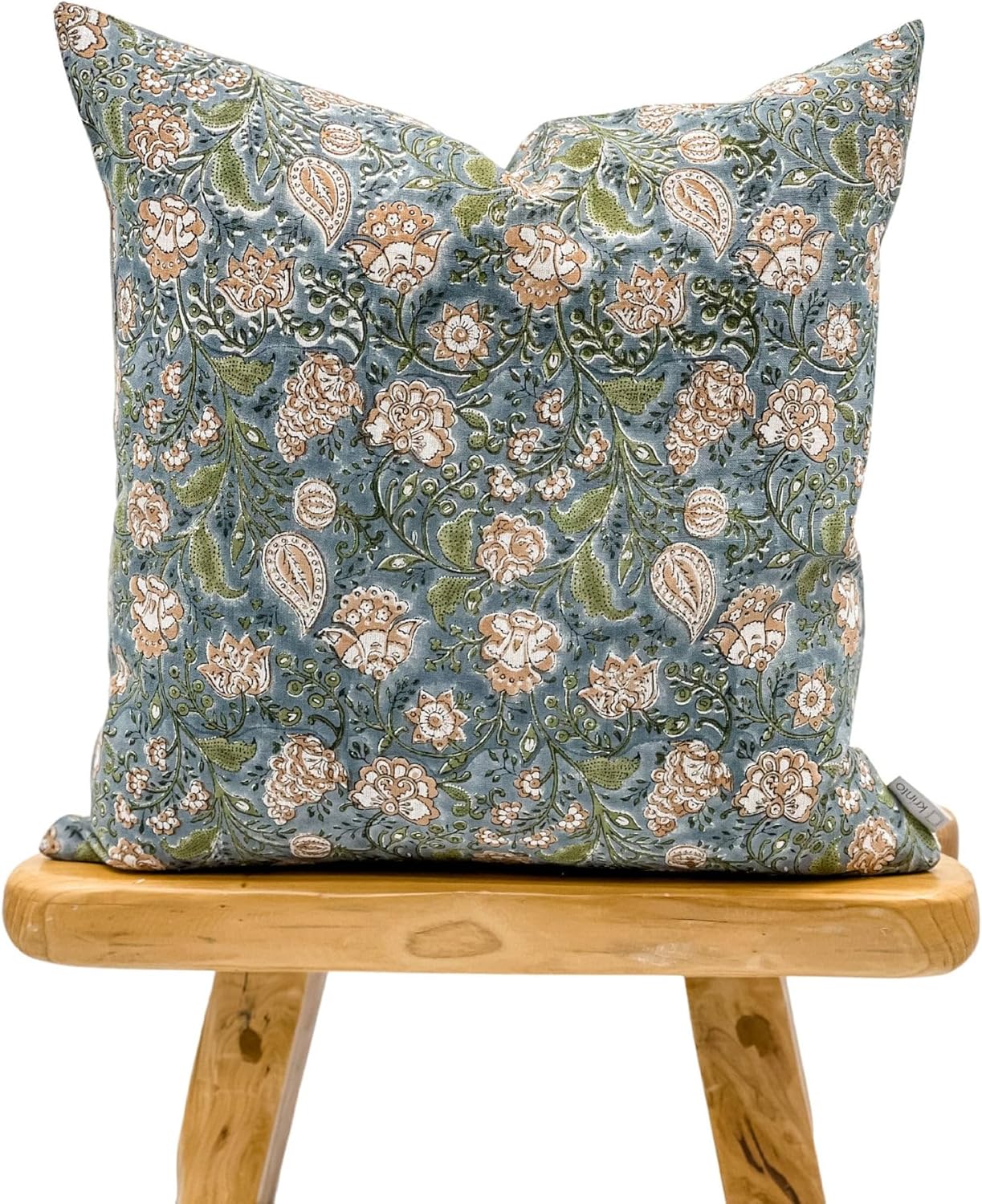 Designer Floral Print on Natural Linen Pillow Cover, Grey Blue Green and Beige Pillow Cover, Boho Pillow, Floral Throw Pillow Cover (Blue Gray Green and Rust, 18"x18")
