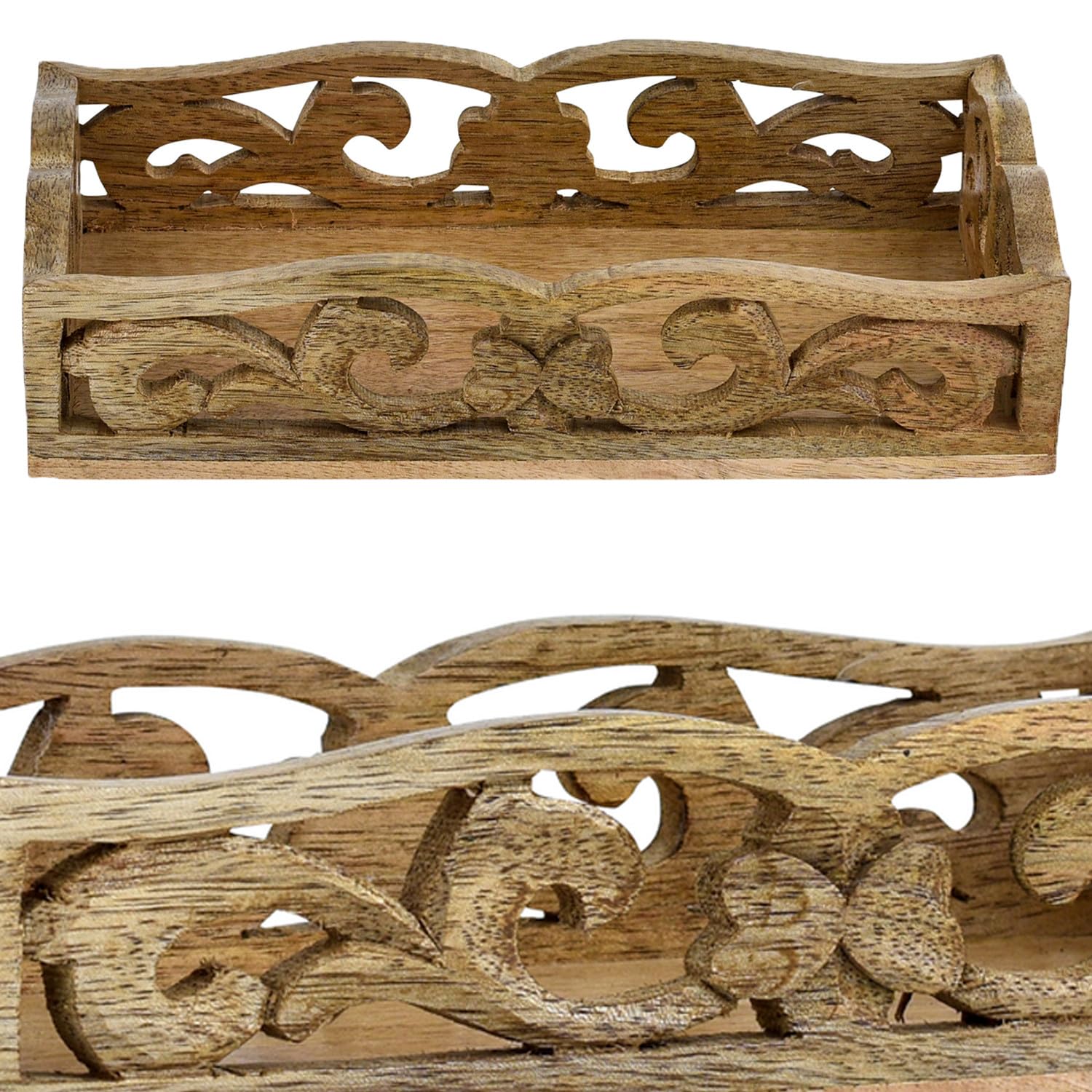 Marrakesch Boho dekoracyjna prostokątna drewniana taca do serwowania, 25 x 15 cm, brązowe drewno, 100% drewno, idealna do kuchni, salonu, dekoracji sypialni i śniadania w łóżku