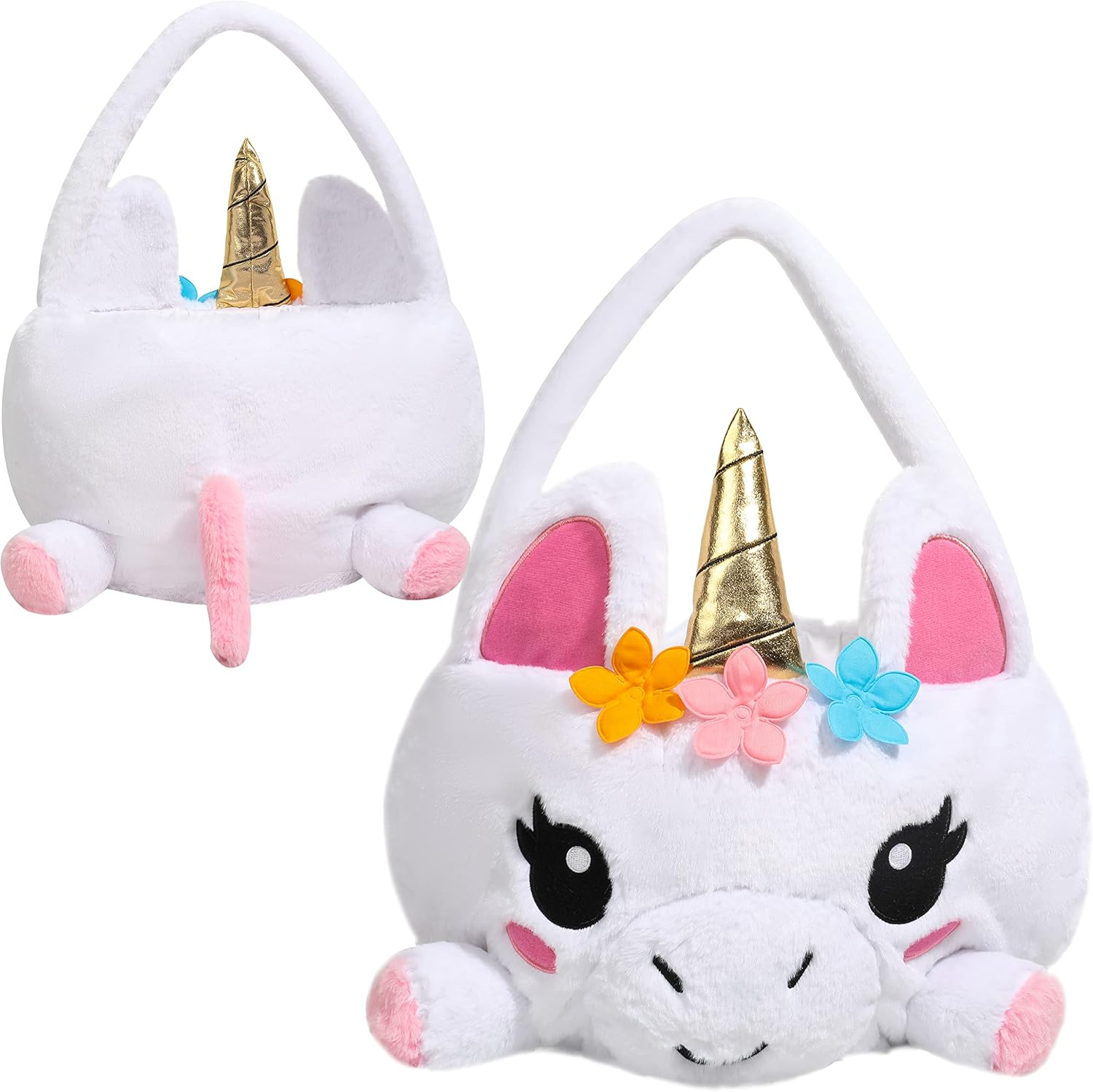 JOYIN Easter Large Unicorn Basket 16.9" x 10.6", Easter Plush 3D Empty Basket Soft Candy Tote Bag for Baby Girls Boys Spring Egg Hunting, Party Gifts Supplies, Party Favor Storage Container