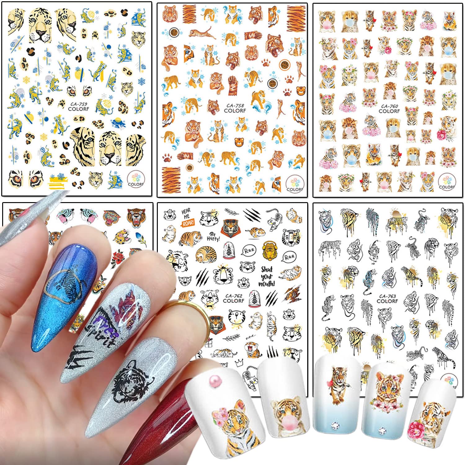 Cartoon Tiger Nail Art Stickers - 3D Animal Self-Adhesive Design, Cute Transfer Decals for Women Girls Manicure Charms Decorations, DIY Resin Nail