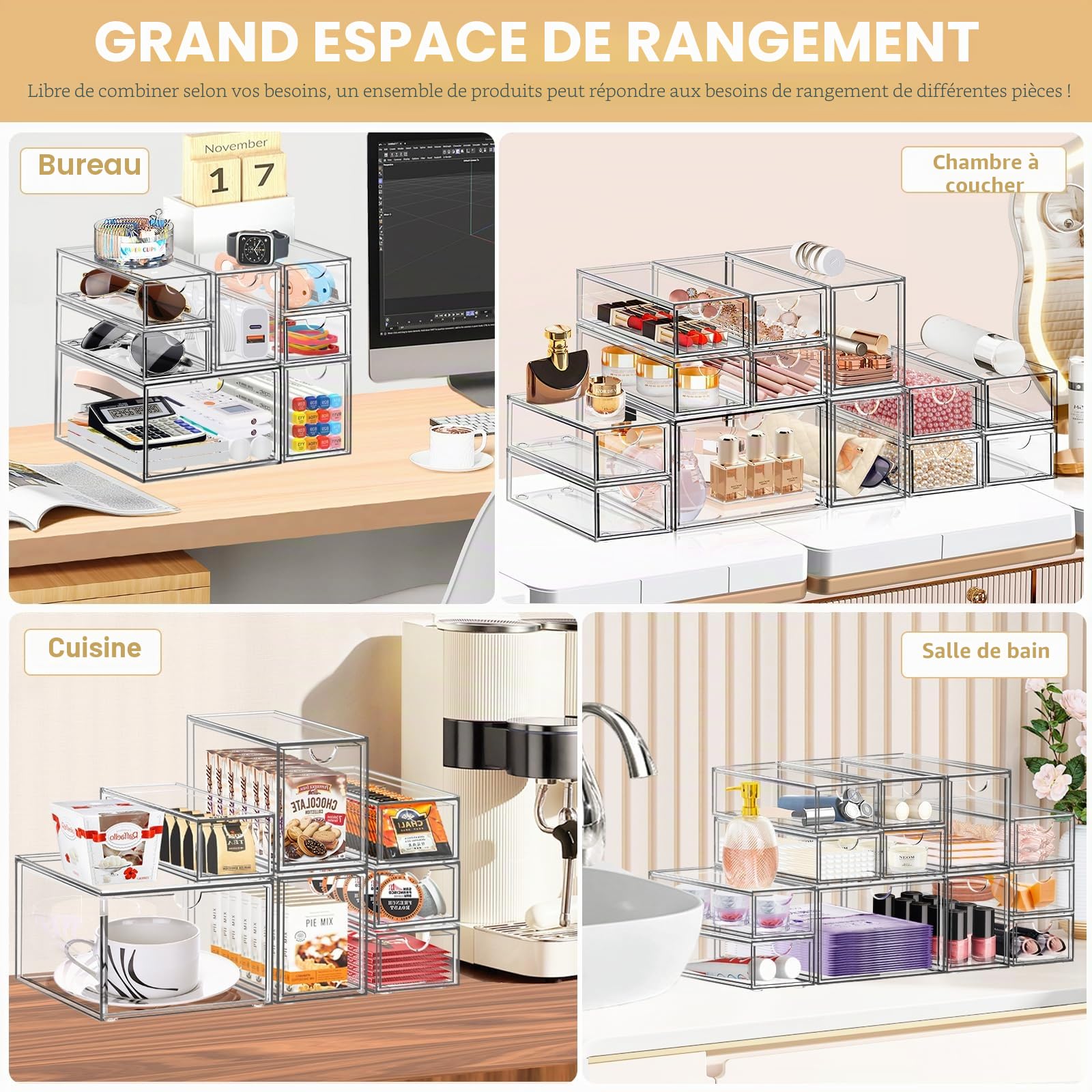 Lot de 7 tiroirs de rangement empilables en acrylique transparent avec 7 tiroirs de rangement pour bureau, salle de bain, chambre à coucher