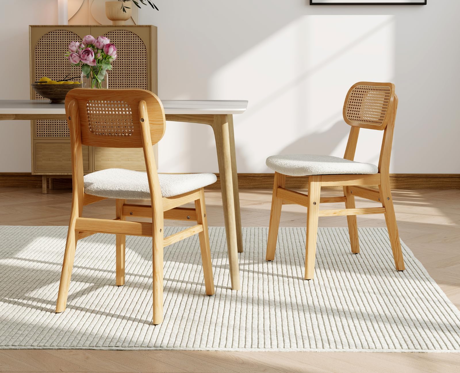 Ya-Home Juego de 2 Sillas de Comedor de Madera Cojin Lana sintética, Beige | Silla Cocina Rattan,Lana sintética, Patas y Respaldo Madera, Cojin Comodo, para Hogar/Restaurante