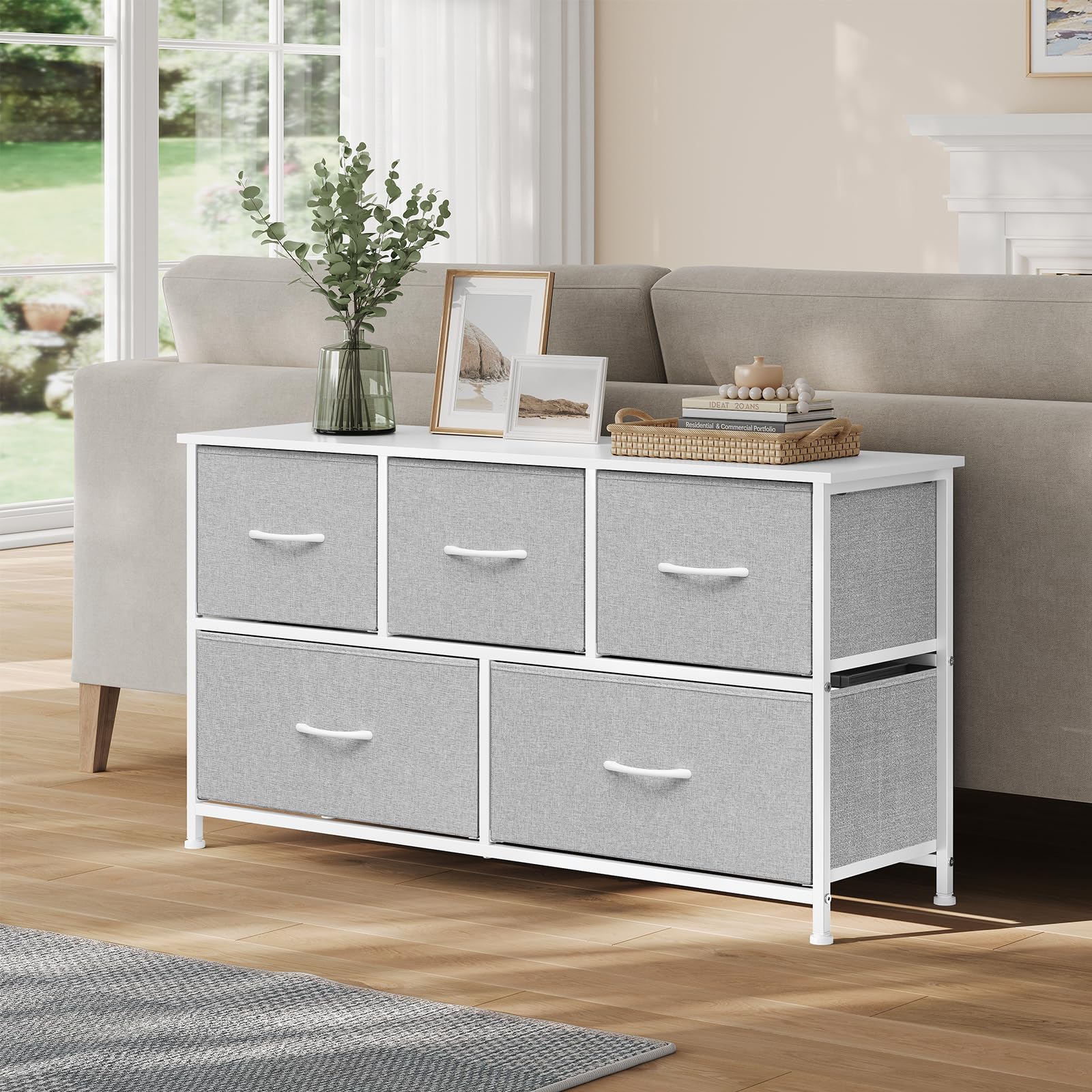 WOLTU Kommode mit 5 Schubladen aus Stoff, Kommodenschrank Sideboard TV-Schrank, für Wohnzimmer Schlafzimmer Flur, aus Metallrahmen Holzwerkstoff, Hellgrau+Weiß, SSK005hgws