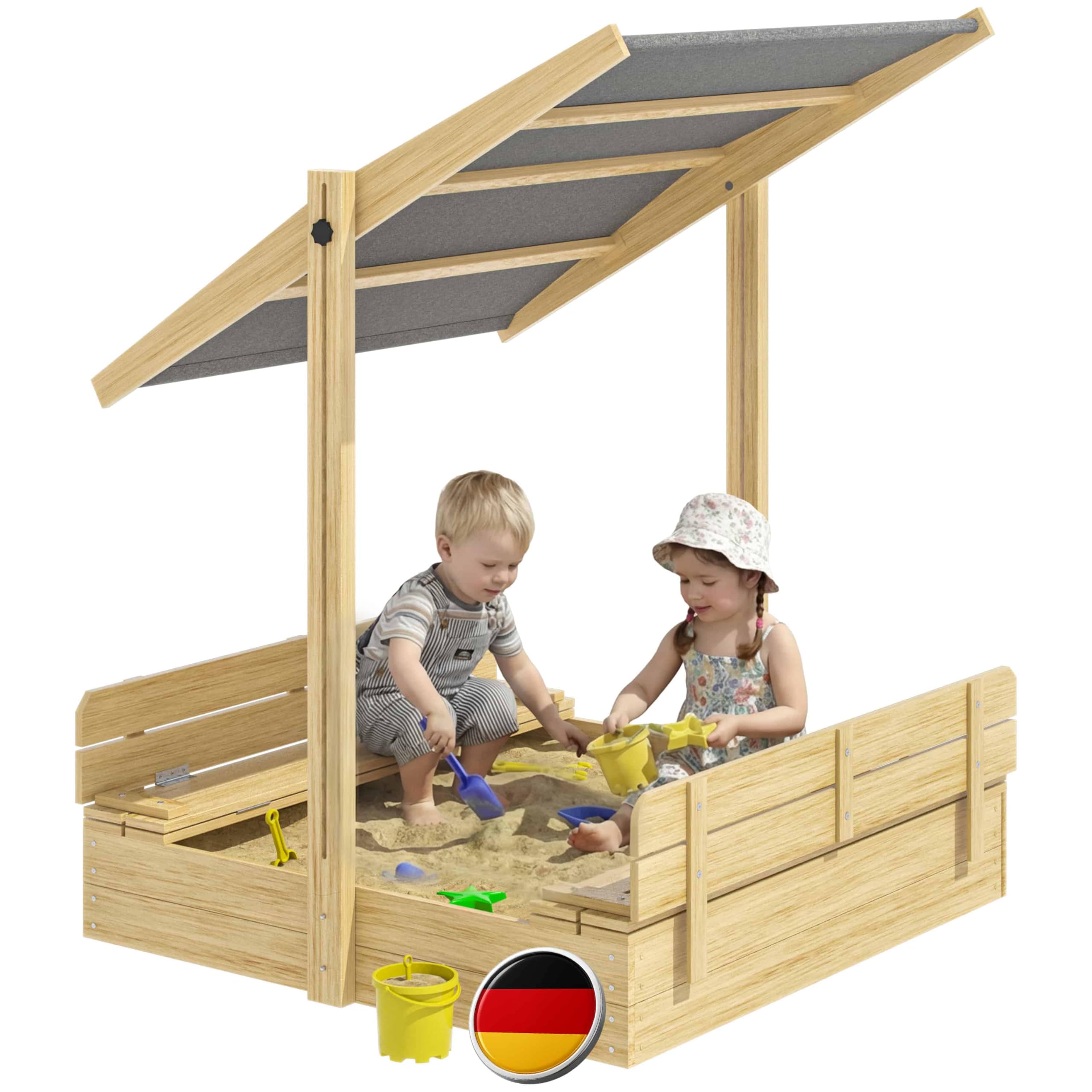 SPIELWERK® Sabbiera Gioco Bambini 120x120x120cm Tettoia Parasole in Legno Protezione UV Giocattolo Bimbi da Esterno con Sabbia e Copertura Tetto