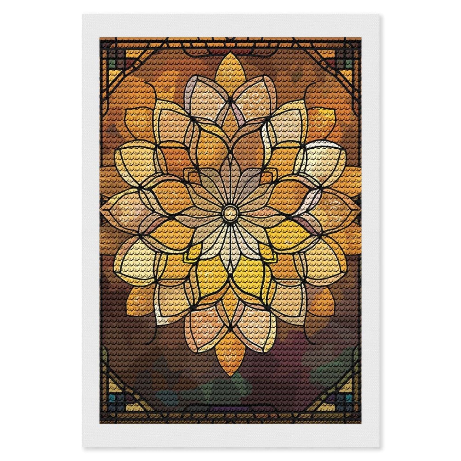 Junmoney Golden Floral Stained Glass Mandala Diamond Art Canvas 8"x12", Full Kit Included, Bedroom Decor, for Beginners, Thoughtful Handmade Gift