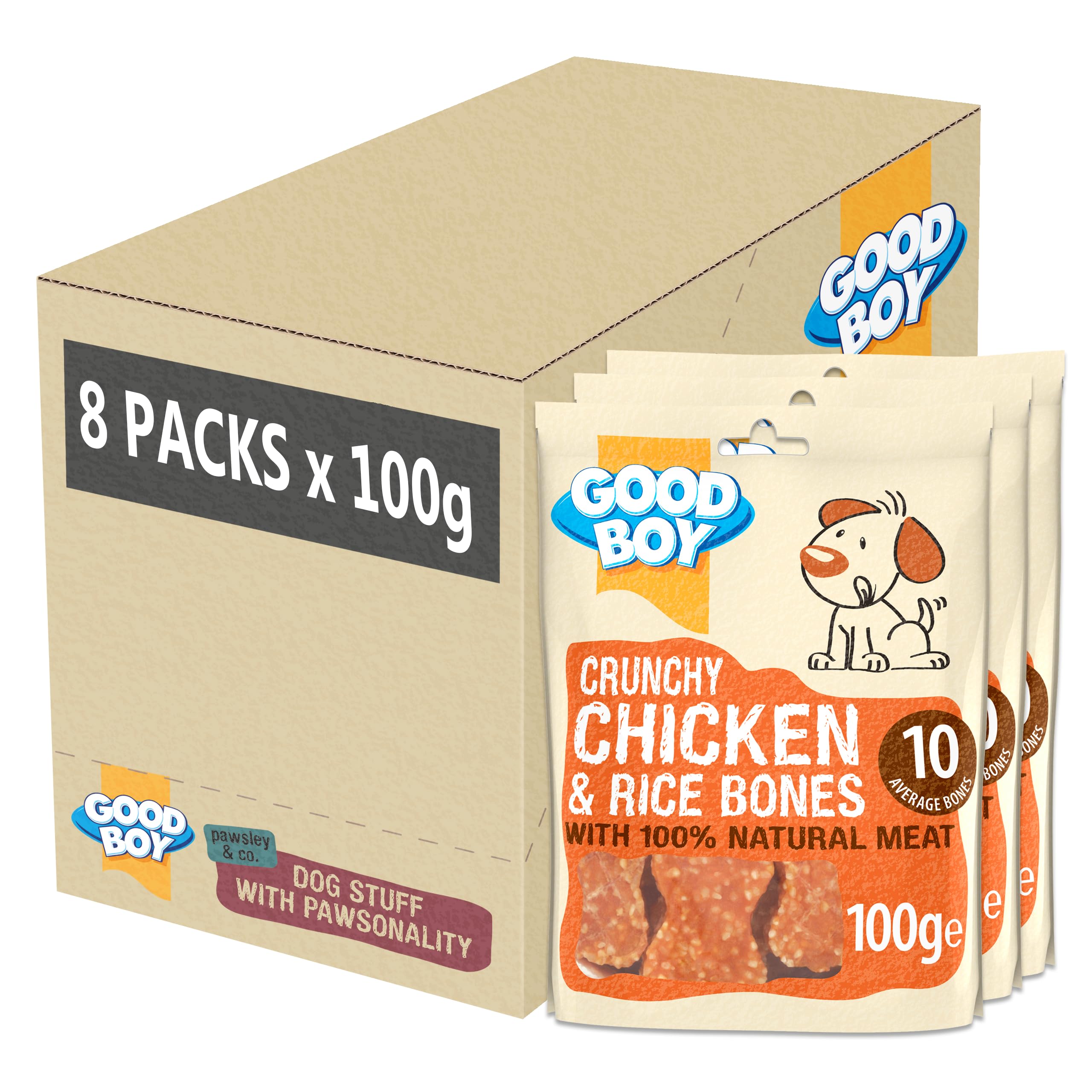 Good BoyCrunchy Chicken and Rice Bones - Dog Treats - Made with 100% Natural Chicken Breast Meat - 100 g ℮ - Low Fat Dog Treats - Case of 8