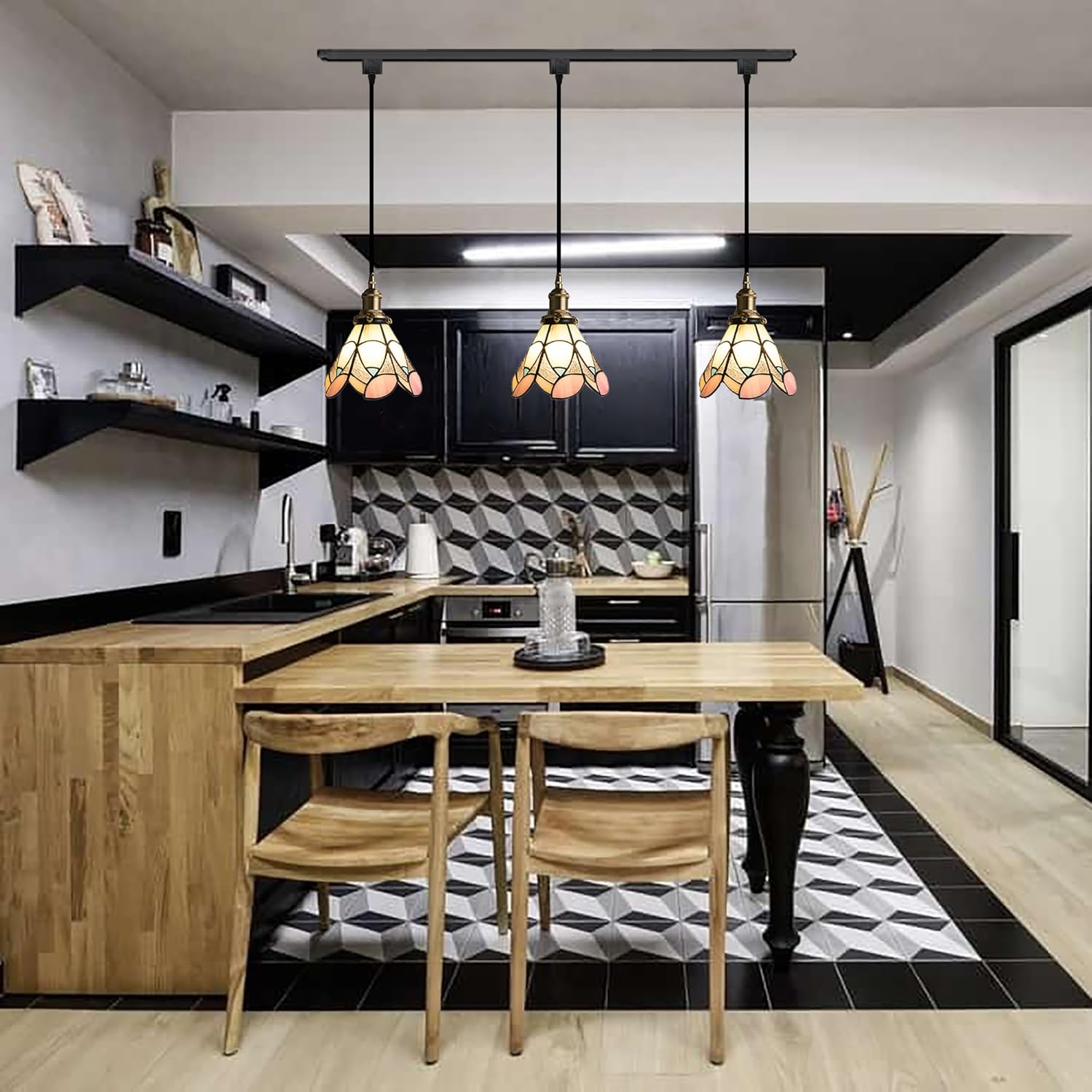 Kiven J-Type Track Lighting Pendants Dimmable,Tiffany J Track Pendant Lights with Stained Glass Lampshade,Decorative Track Lighting Fixture for Kitchen Island Hallway Restaurant(3-Light)