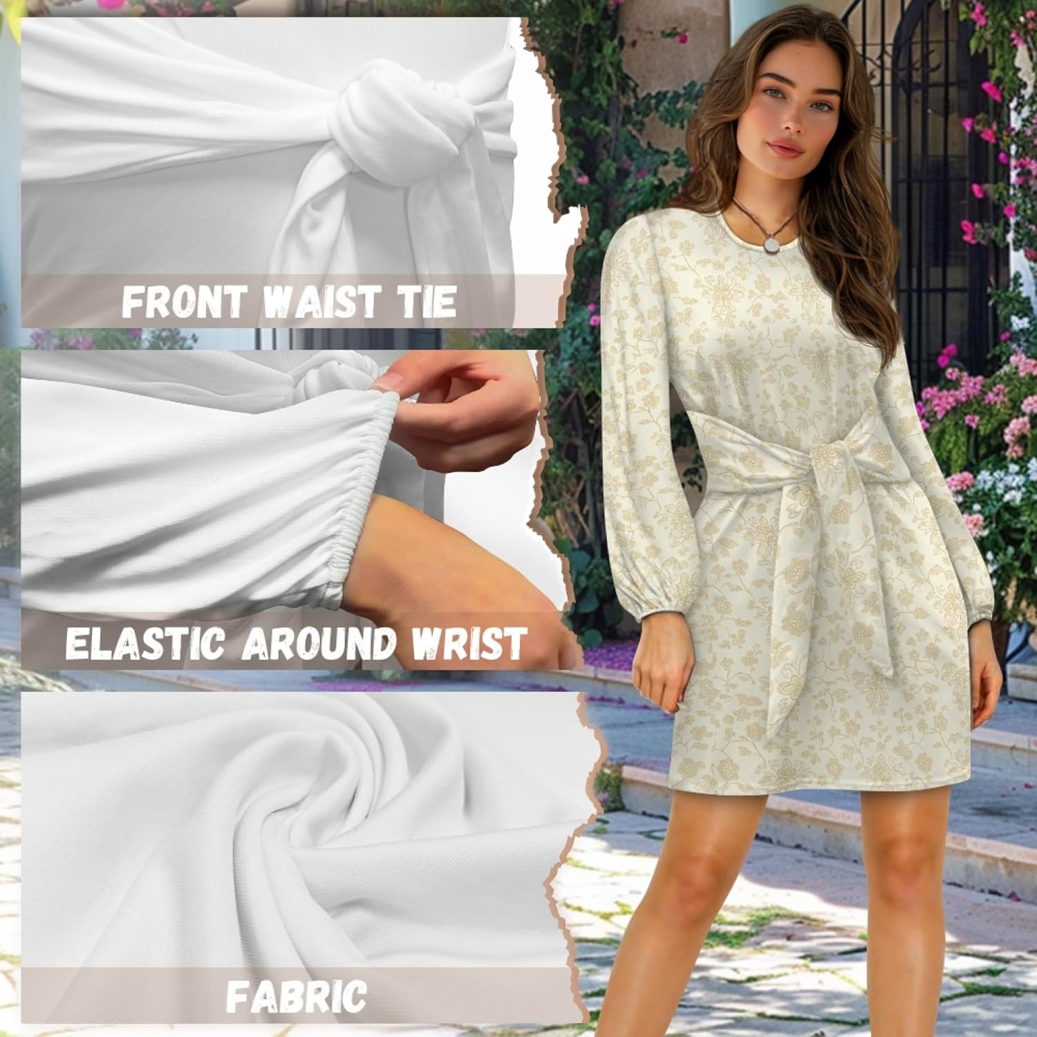 Lantern Long Sleeve Tie Waist Floral Boho Casual Dress A Line 2025 Summer Fashion Swing Flowy Mini Dresses - Image 5