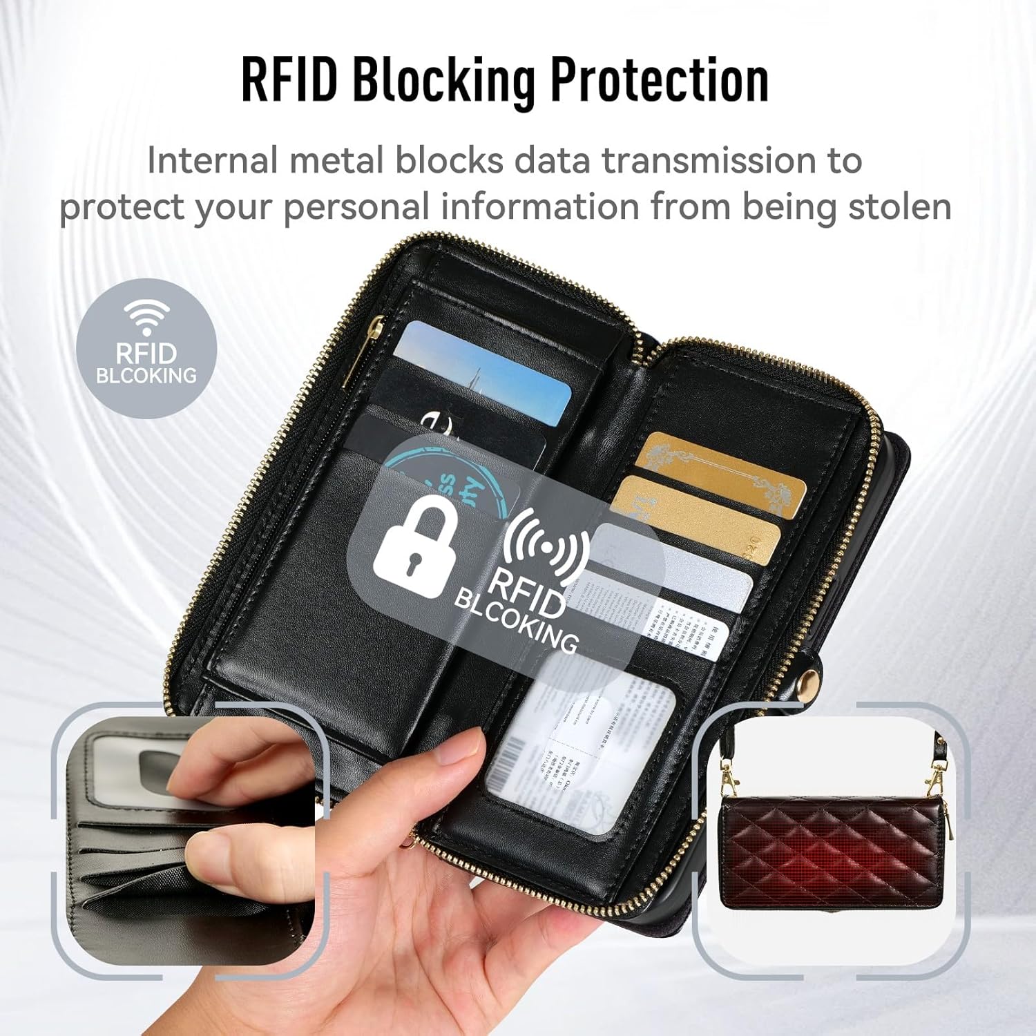 Rssviss Crossbody Case for iPhone 16e 2025 Case Wallet, RFID Blocking Leather Case with Card Holder Kickstand, Handbag Zipper Flip Cover with Wrist Strap for iPhone 16e Men Women 6.1", Black - Image 5