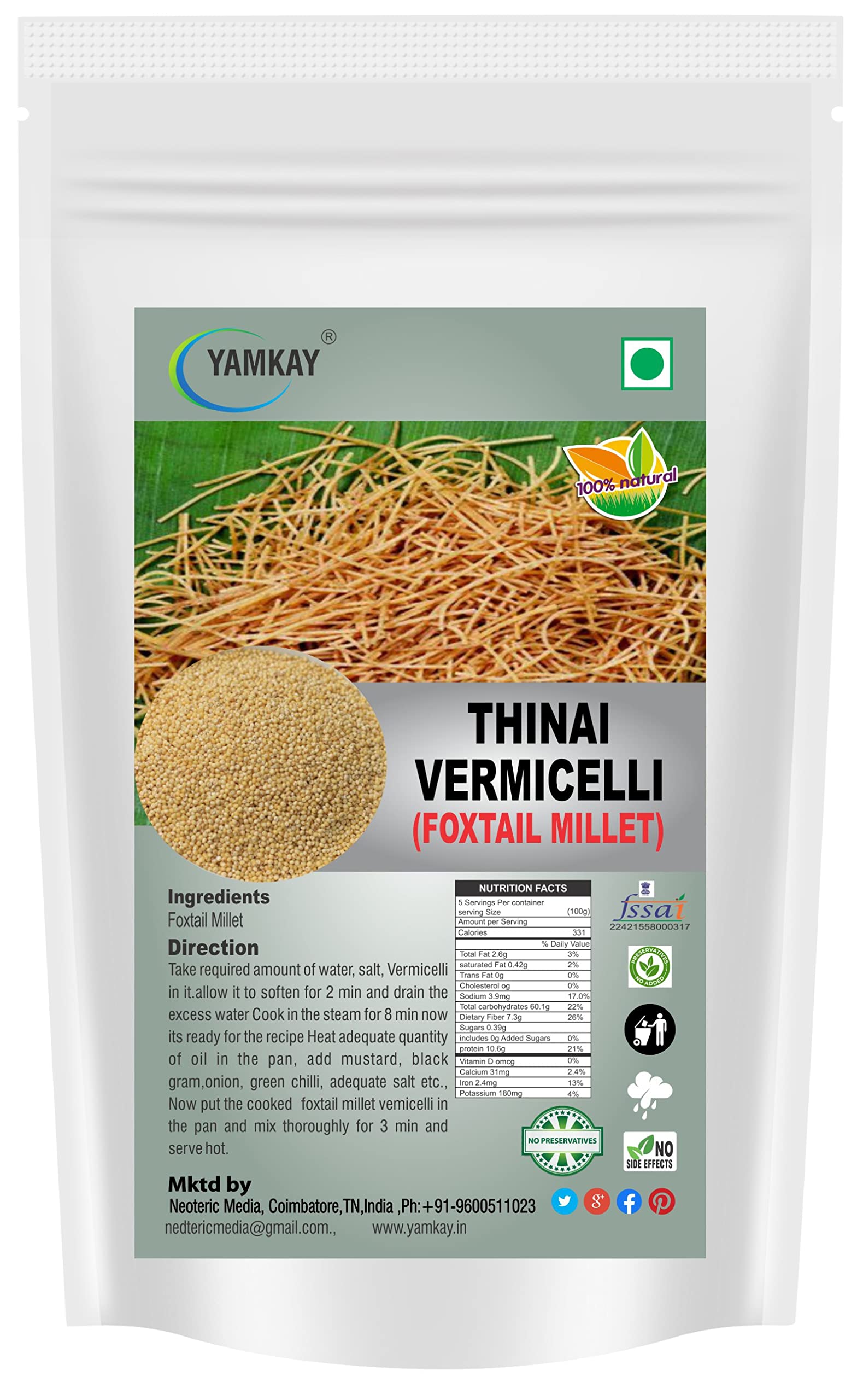 Yamkay Thinai Foxtail Setaria Italica Millet Vermicelli Semiya No Maida, No White Rice 360 gm (B094VJ3WBW) Amazon Price History, Amazon Price Tracker