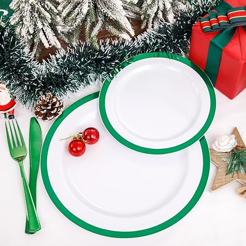 Miniatura 9 de supernal 120 platos de plástico color verde blanco con diseño navideño, platos desechables verdes, resistentes para 60 invitados, incluye 60 platos