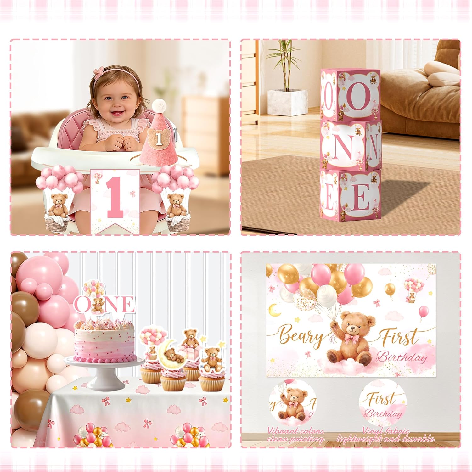 Beary First Birthday Decorations for Girl，257pcs Beary One Year Old Birthday Decorations with Balloons, Backdrop,Banners,Plates,ONE Boxes for Girl Bear theme Service 20 (pink)