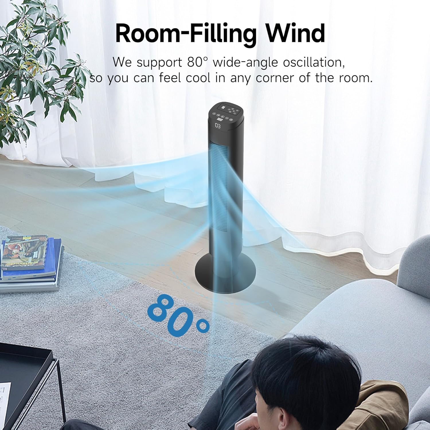 PHILODECO Tower Fans for Home,80 ° Vibration Remote Control Vertical Floor Fan, Multiple Modes, 9-Hour Timer, Bladeless Floor Fan, Led Display Screen,Silent Bedroom Fan, 4 Speeds