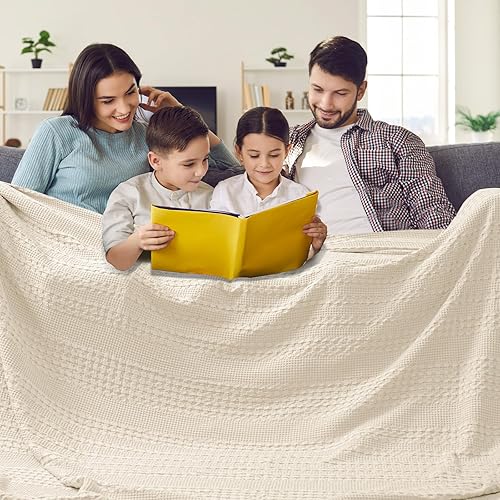 Miniatura 72 de PHF - Manta de punto gofre 100% algodón Queen, suave, ligera, transpirable, acogedora, de verano, para cama, tejida, estética, decoración del hogar