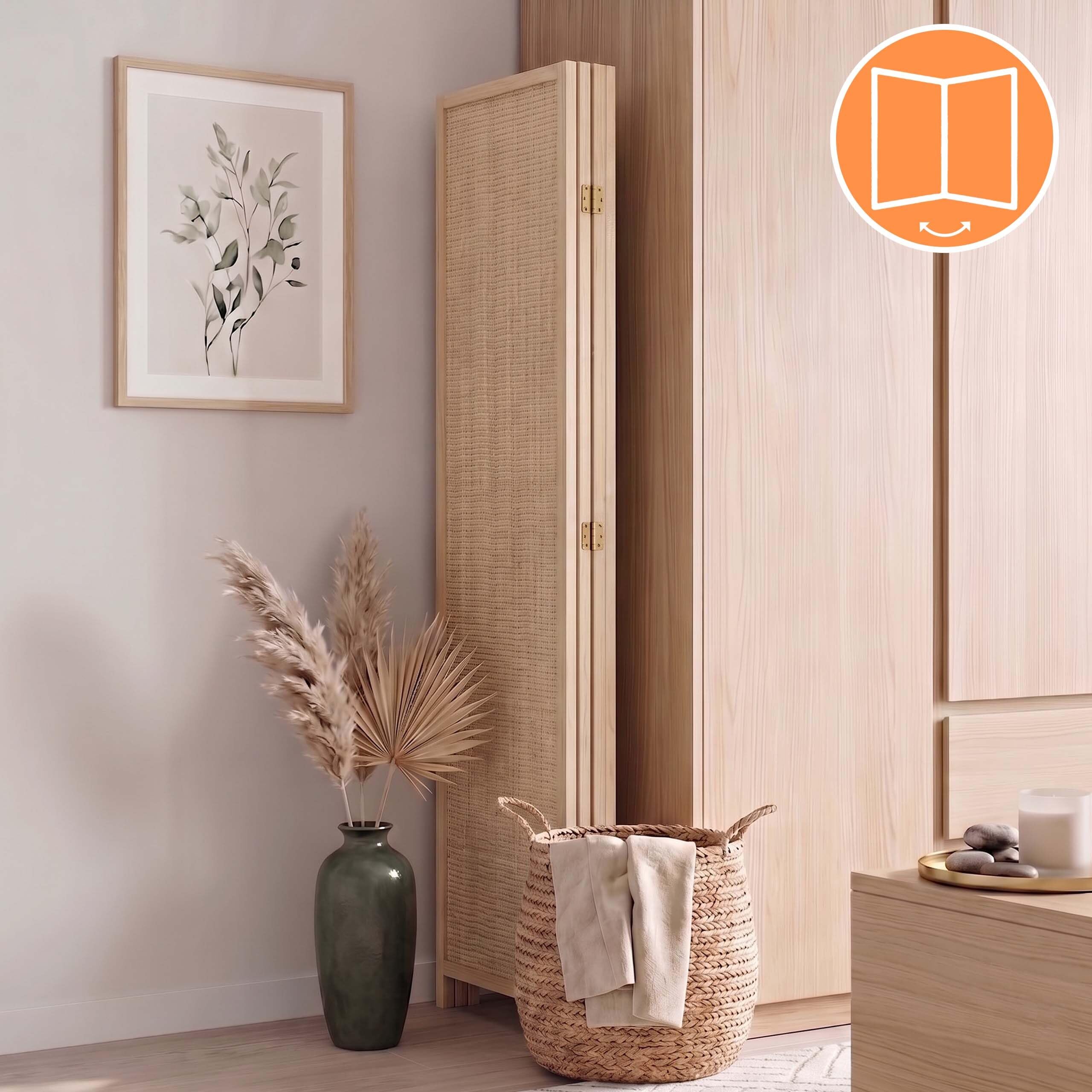 Biombo Relaxdays, 4 Paneles, Color Natural | Separador de ambientes plegable (alto x ancho): 170 x 160 cm, bambú, salón