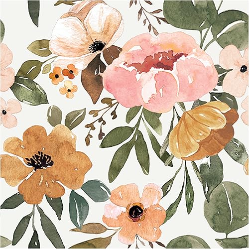 UniGoos Papel tapiz de acuarela de flores rosadas marrones, despegar y pegar, pintado a mano, autoadhesivo, floral, papel de pared temporal, papel