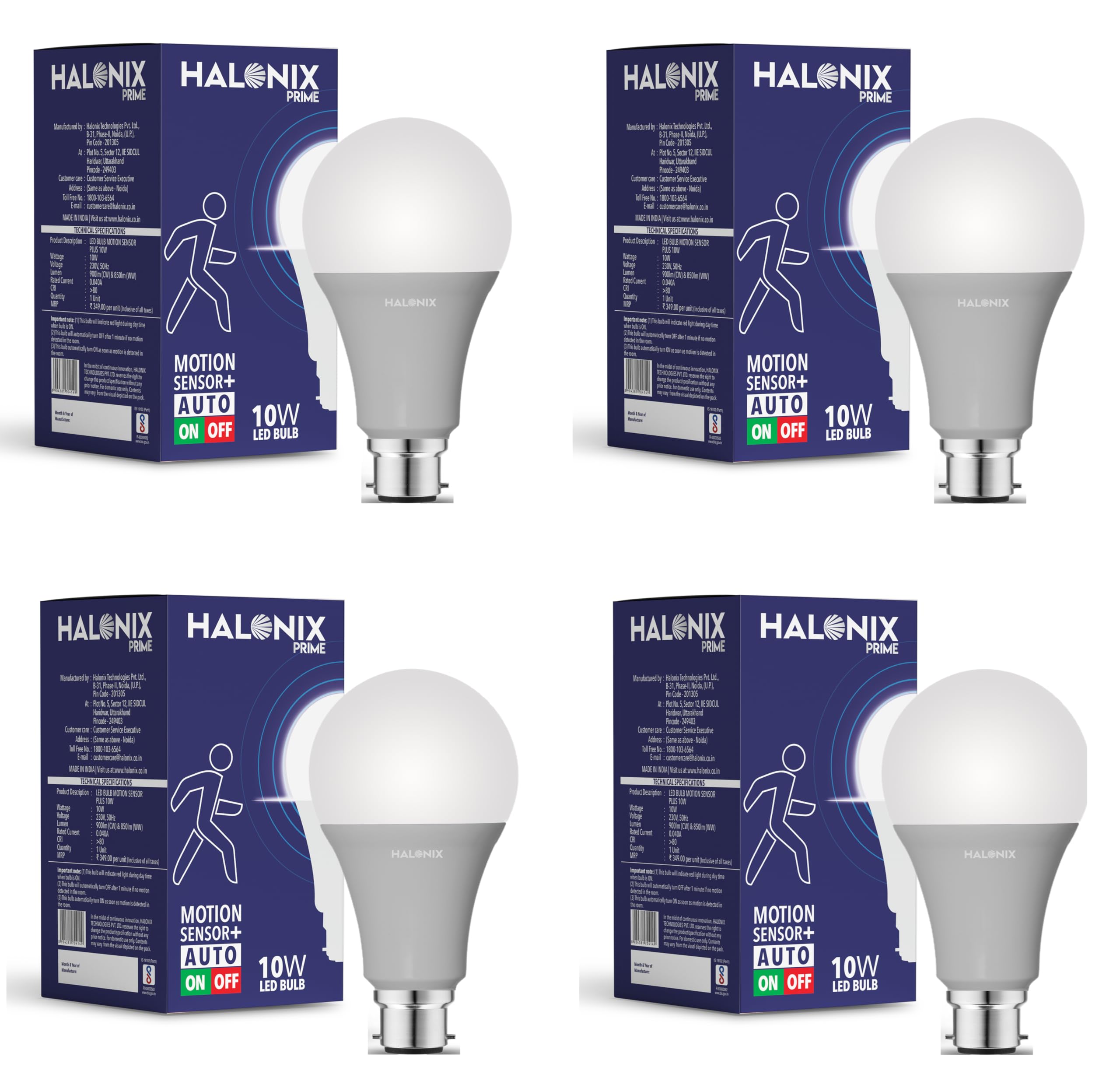 Halonix Radar Motion Sensor LED Bulb 10W, Pack of 4, B22 - Image 1