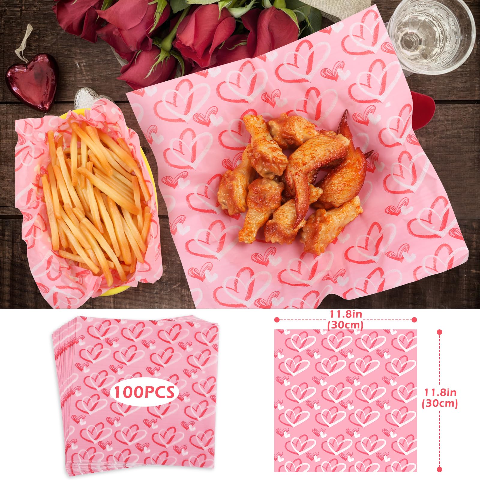 GeeRic Waxed Deli Paper Sheets 100 Pcs, Happy Valentine's Day Food Basket Liners for Sandwiches Fries 12 * 12 Inch,Wedding Burgers Deli Wrap Wax Paper Sheets Love Hearts Red