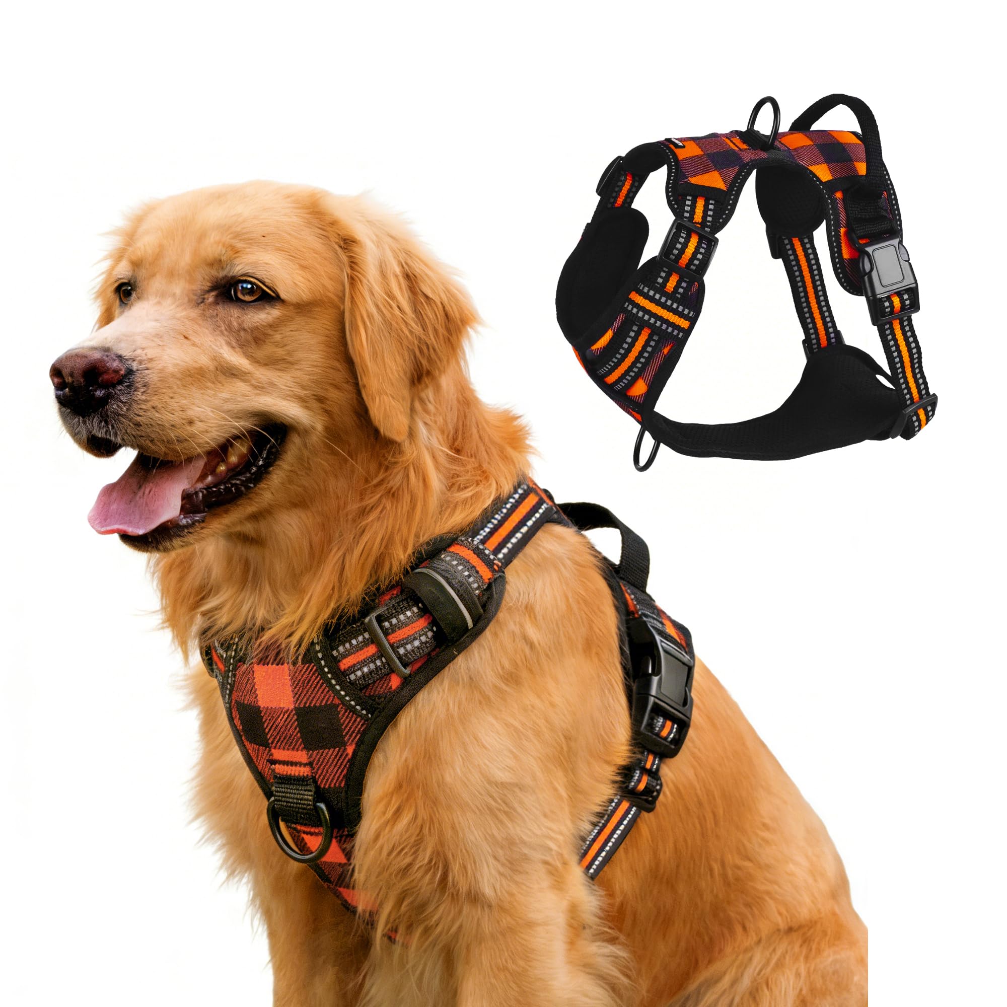 AIITLE No-Pull Dog Harness with Handle, Reflective Classic Plaid Adjustable Padded Pet Vest with Front & Back 2 Metal Leash Clips, Anti-Choke Easy Control for Small Medium Large Dogs(Orange,M)