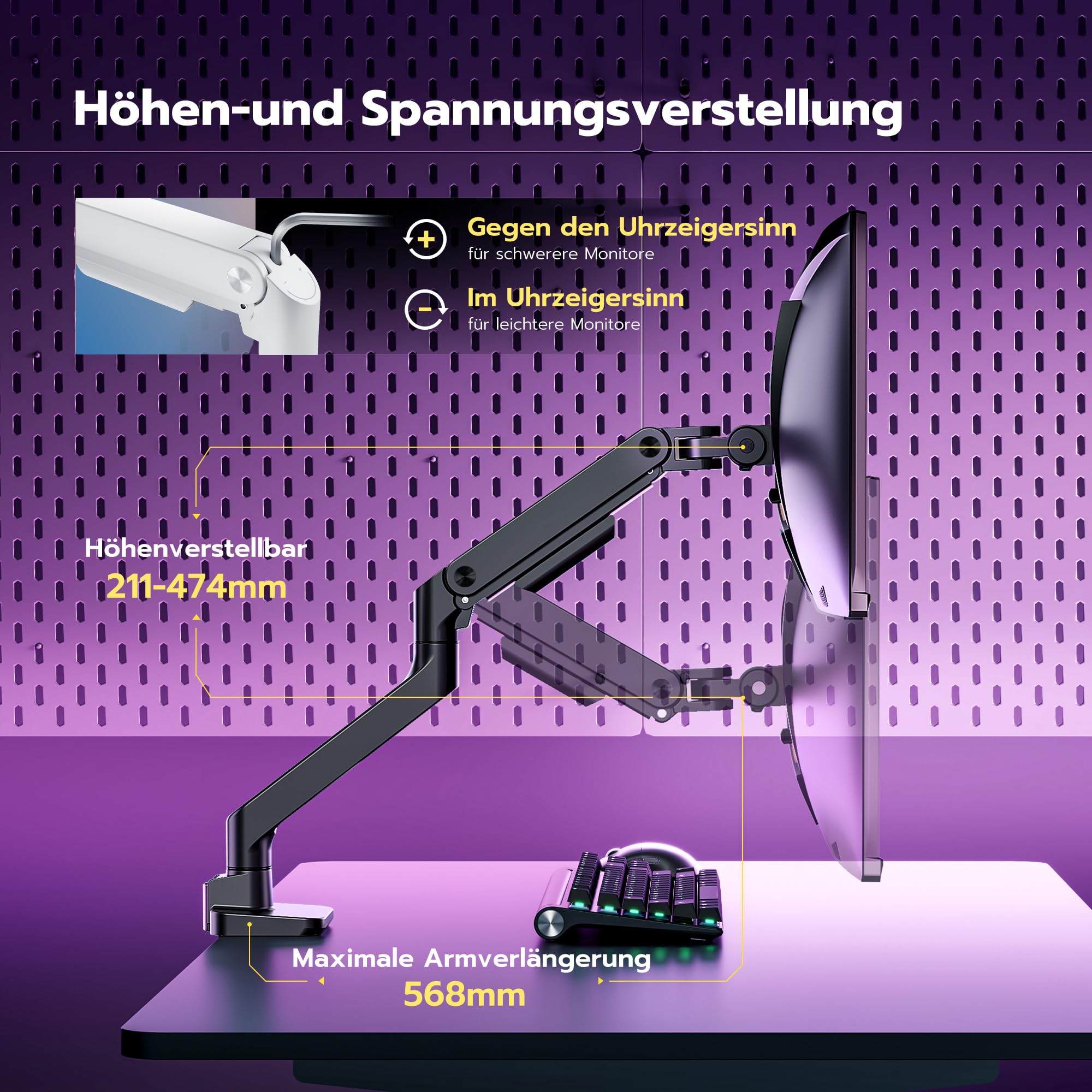 ARES WING Monitor Halterung für 17 bis 49 Zoll Bildschirme, Monitor Arm mit Gasfeder, Verstellbarer Monitorständer Max 20Kg Traglast, VESA 75/100,Schwarz
