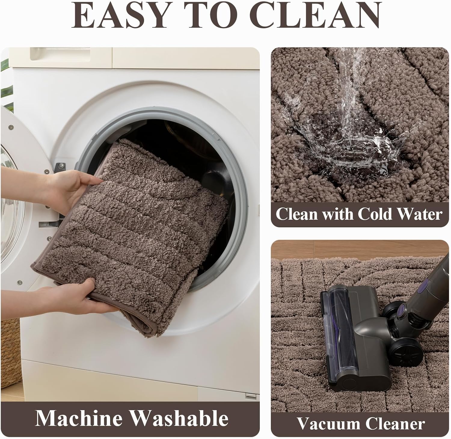 Vaukki Bathroom Mats Sets 3 Pieces, Non Slip Washable Bath Rug Set, Absorbent Bathroom Carpet with U-Shaped Toilet Rug, Microfiber Bath Mats for Shower and Tub (Brown, 18''x26''+20''x32''+20''x24'') - Image 5