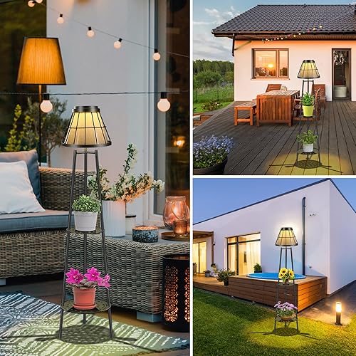 Miniatura 7 de Paquete de 2 lámparas solares de pie de metal de 45.4 pulgadas, luces solares impermeables con 2 soportes para plantas, soporte de plantas para