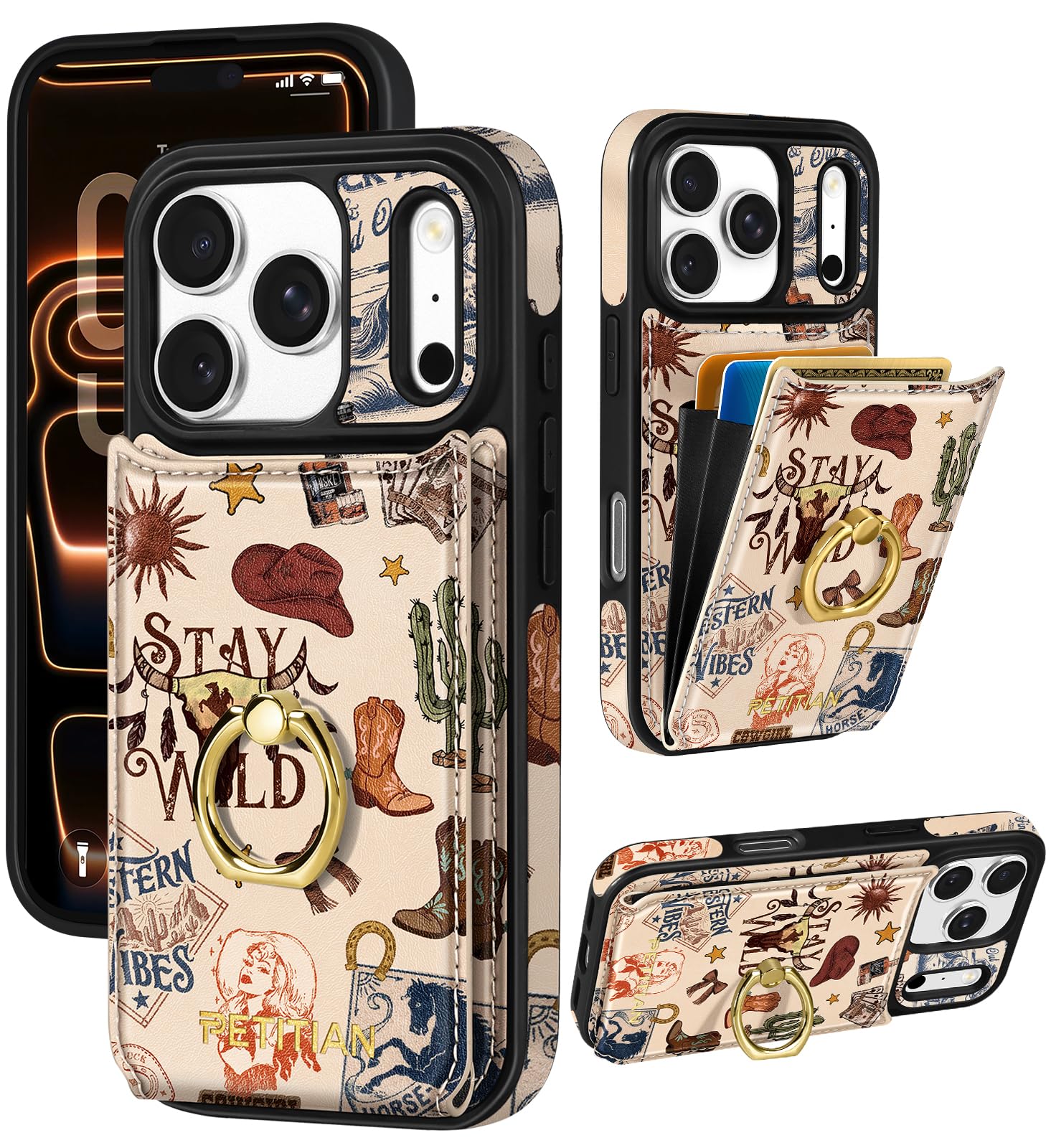 Petitian for iPhone 17 Pro Max Wallet Case - Women Girls Cute Girly Aesthetic Unique Design Leather Credit Card Holder Phone Cover 360° Rotatable Ring Stand for iPhone 17 Pro Max, Western Cowboy