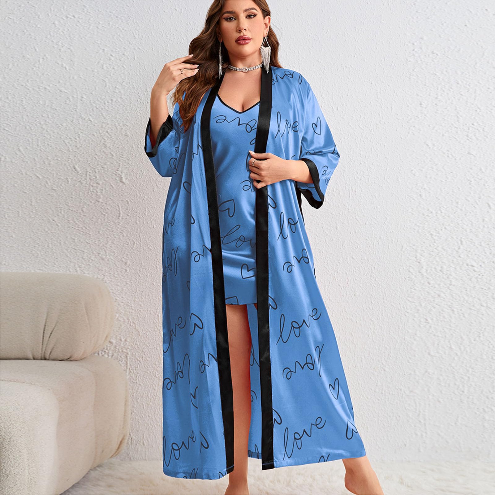 Generic Satynowy zestaw damskich koszul nocnych Jedwabna bielizna Cami Pajama w rozmiarze plus size z szatami,Blue,4XL