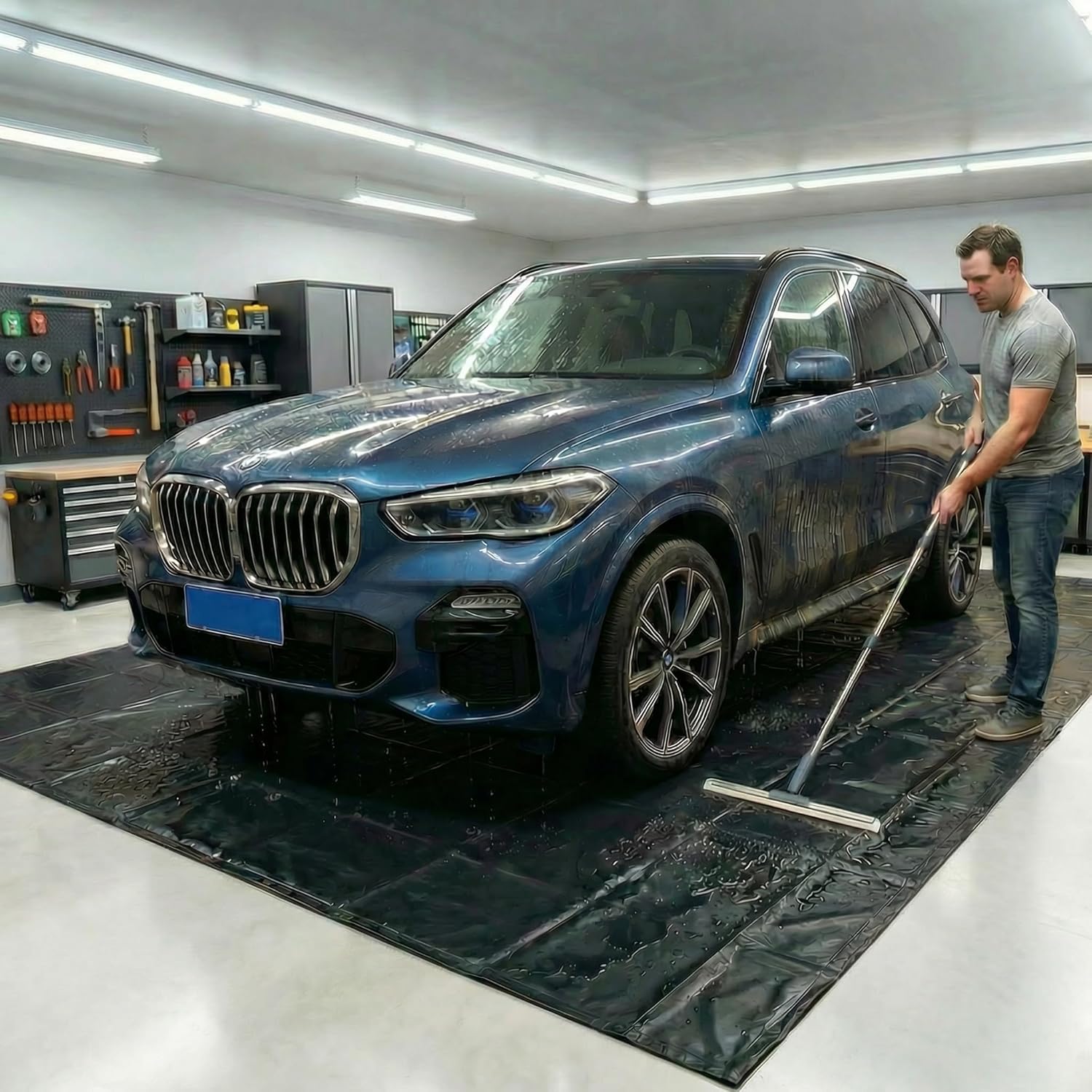 Japard Garage Floor Mat for Under Car 7.9ft x 16.4ft Containment Mat Waterproof with Raised Edges, 1300D PVC Floor Mat Mud Black (7.9' x 16.4')