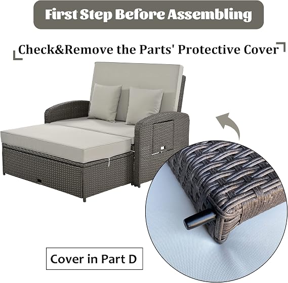 Patio Daybed, PE Rattan Outdoor Chaise Lounge Daybed with Adjustable Back, Outdoor Lounger with Foldable Side Tables, Modern Patio Outdoor Loveseat Reclining Daybed for Garden, Backyard, Grey