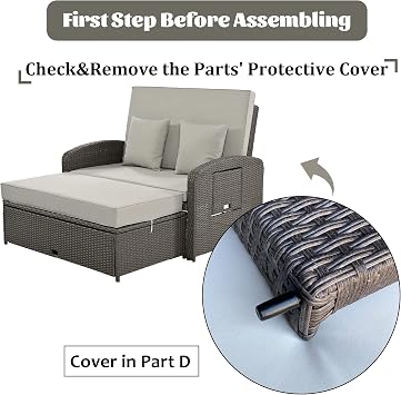 Patio Daybed, PE Rattan Outdoor Chaise Lounge Daybed with Adjustable Back, Outdoor Lounger with Foldable Side Tables, Modern Patio Outdoor Loveseat Reclining Daybed for Garden, Backyard, Grey
