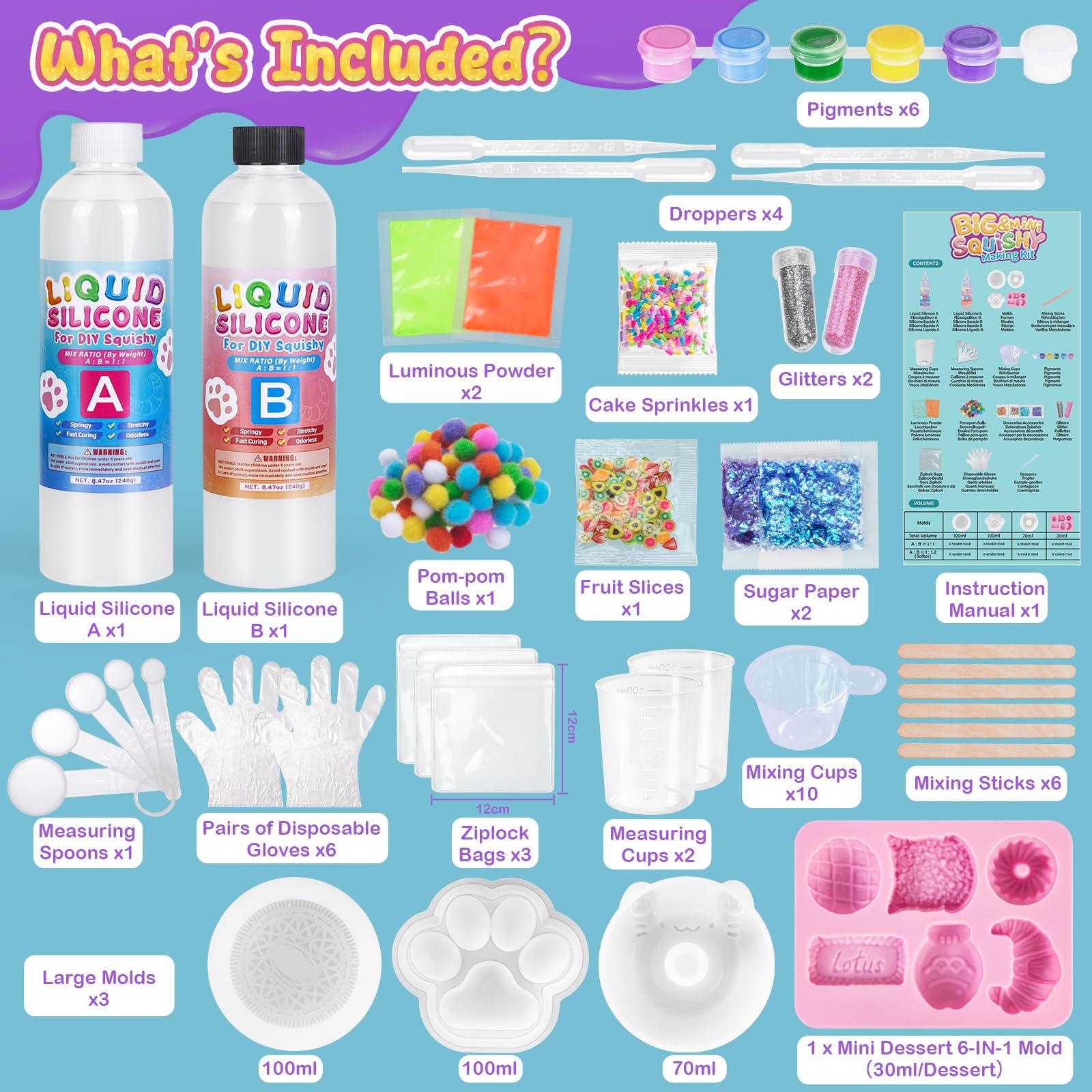 Highttoy Zestaw do tworzenia świecących w ciemności Duży Zabawek Squishy, 480ml 1:1 płynny silikon AB mieszany w stosunku 1:1 gumowe zabawki squishy z 9 foremkami i akcesoriami