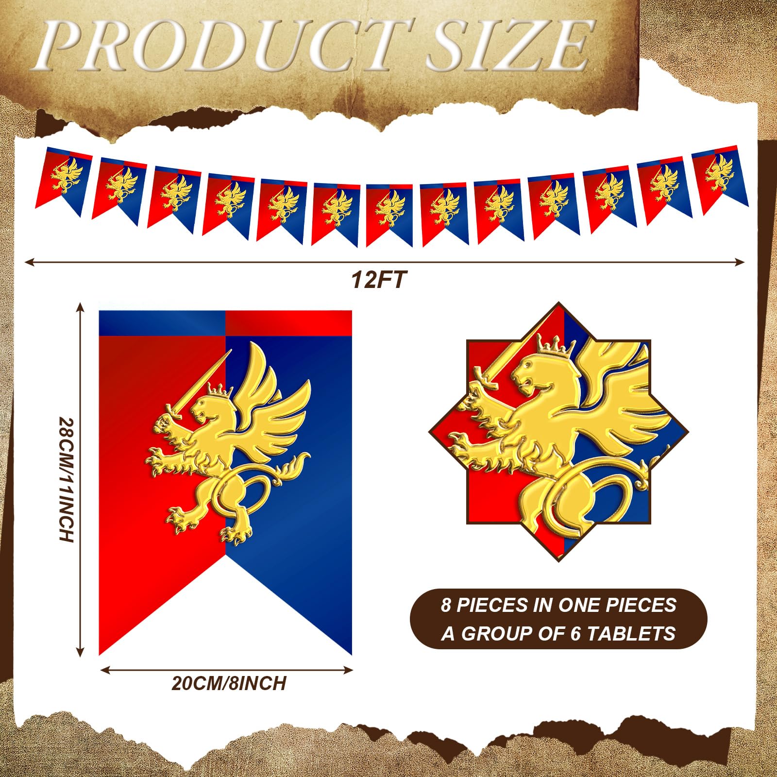 Hahafelt 6 banderines de fantasía medieval de 72 pies con diseño de león, decoraciones de fiesta medieval, banderines de caballero medieval, bandera de jardín para festival temático de castillo,