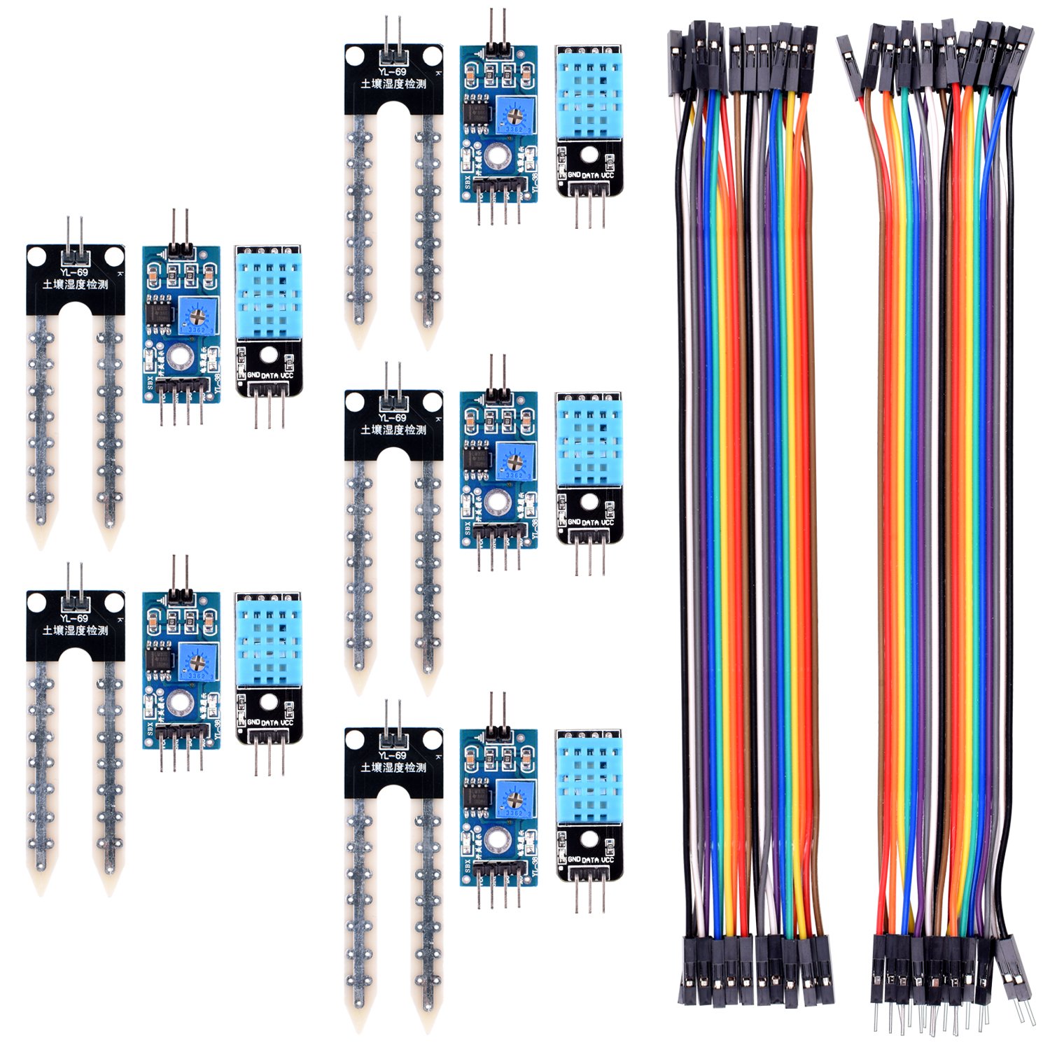 kuman for Arduino Raspberry pi, 5PCS Soil Moisture Sensor Module and 5 PCS Temperature Humidity Sensor with 20PIN Female to Female Dupont Jump Cable 20PIN Male to Female Jump Wires KY71