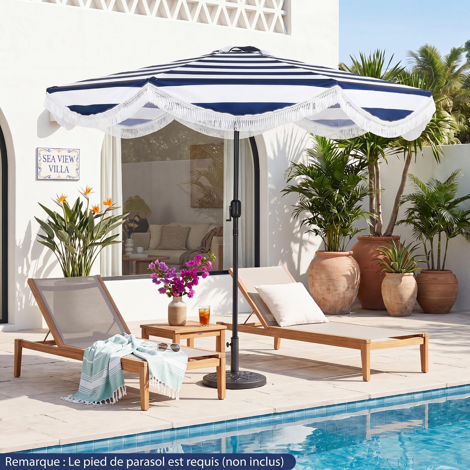 COSTWAY Parasol de Jardin Exterieur sans Pied Ø2,7M, Parasol Plage à Volants avec Franges, 30° Inclinaison, 8 Baleines, Manivelle, Tissu en Polyester, pour Piscine Balcon Terrasse