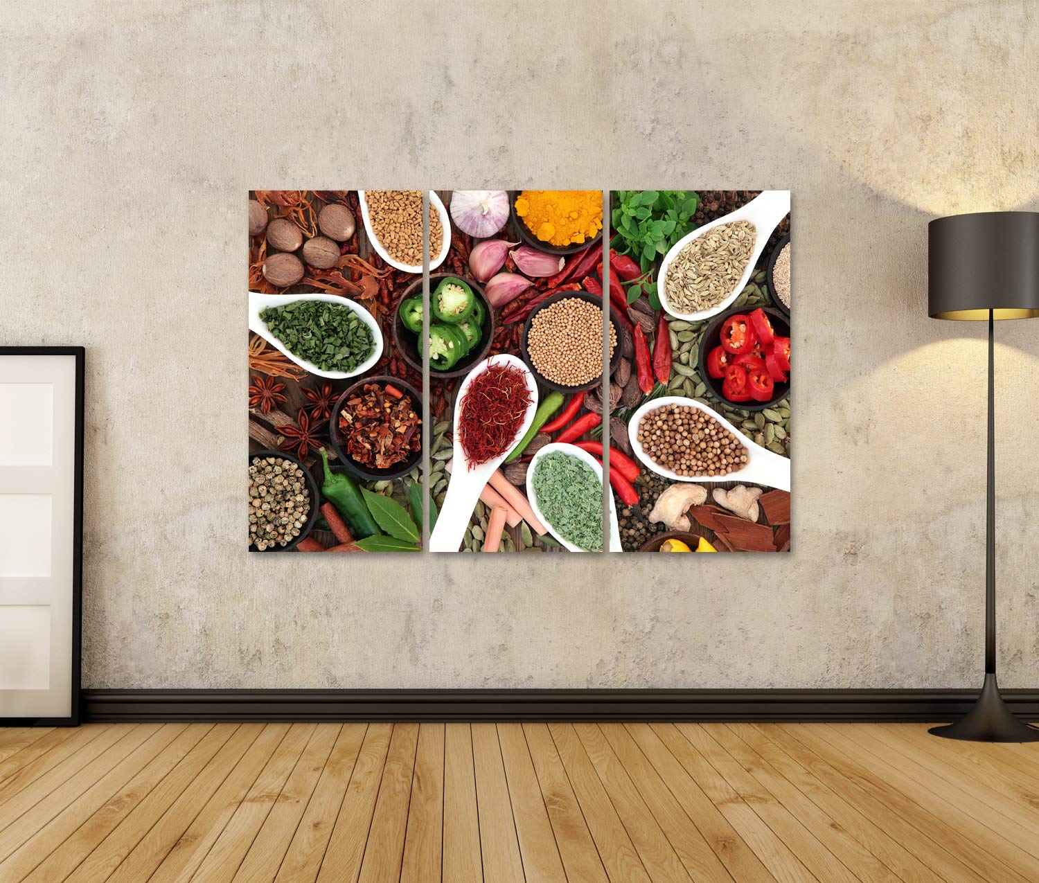 islandburner Quadro su tela Grande collezione di spezie ed erbe in ciotole e cucchiai che formano uno sfondo astratto Stampe Arte Poster Murale