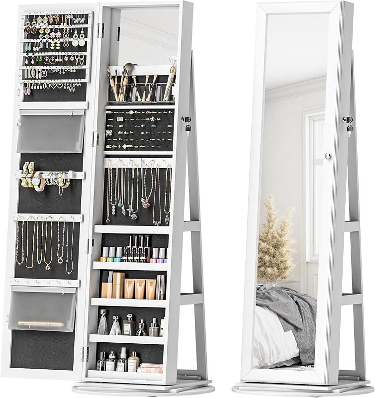 HOMCOM 360° Swivel Jewelry Cabinet Lockable with Full-Length Mirror White | Jewelry Armoire Organizer, Back Storage Shelves, Interior Small Mirror, Bedroom Living Room