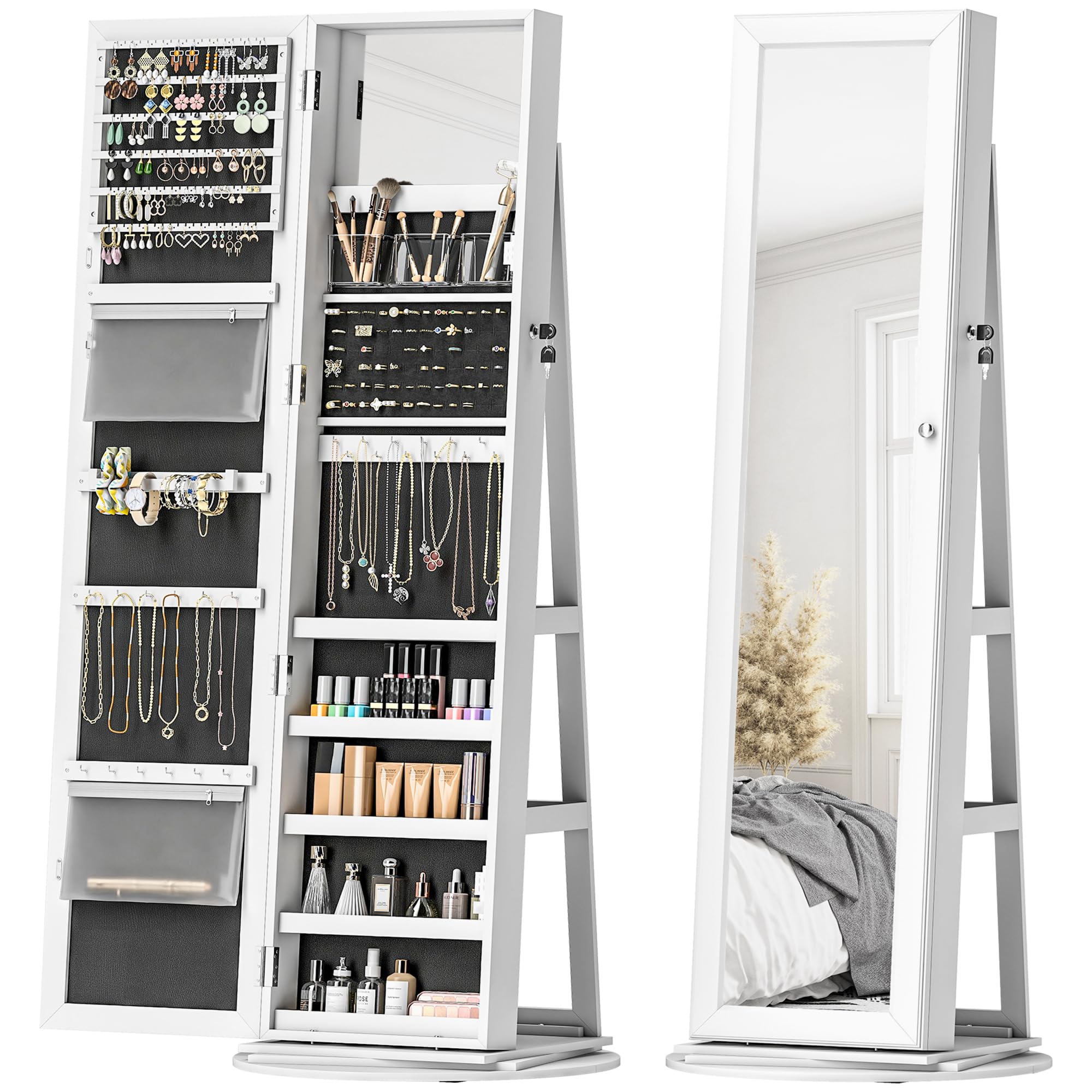 HOMCOM 360 Swivel Jewelry Cabinet Lockable Jewelry Armoire Organizer with Full-Length Mirror Back Storage Shelves Interior Small Mirror