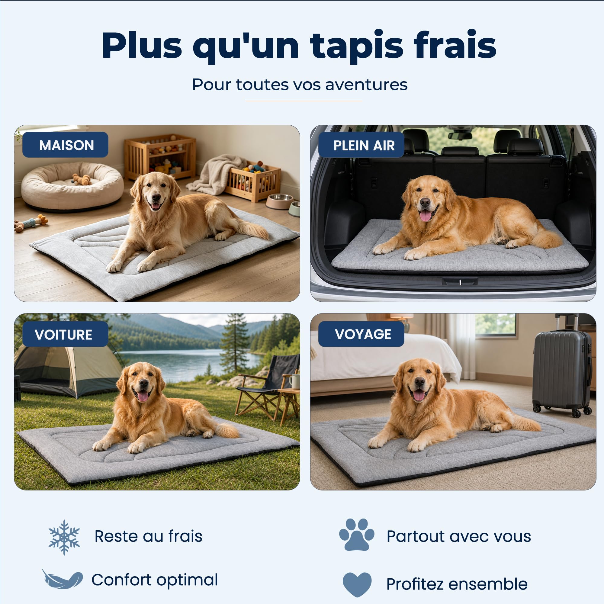 Tapis Rafraîchissant Chien sans Gel, Q-Max ≥ 0,4, 90×65/120×75 cm | Surface PE Q-Max ≥ 0,4, rembourrage env. 3 cm, base antidérapante et lavable pour la maison, la voiture et la cage