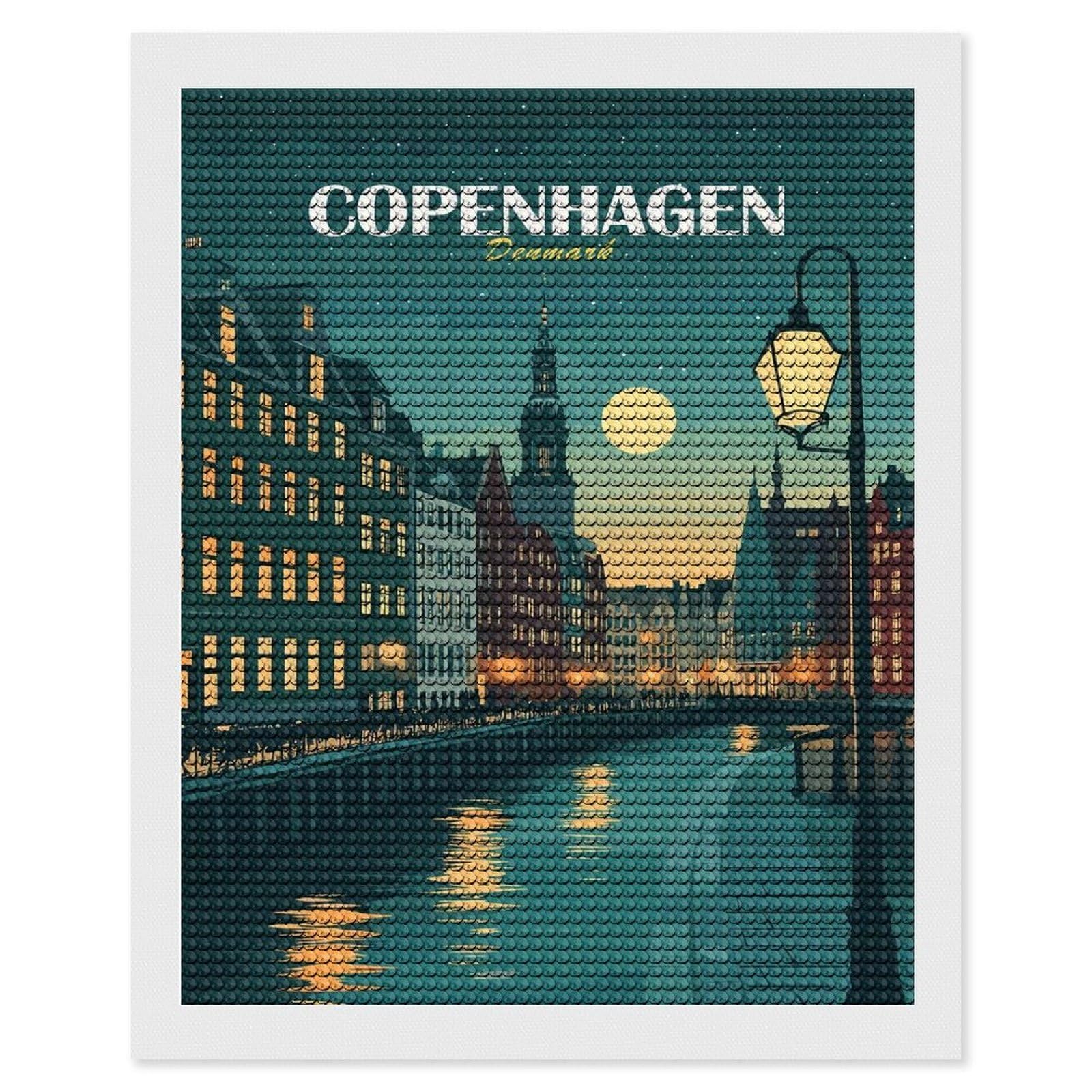Junmoney Copenhagen, Denmark Cityscape at Night DIY Diamond Art Canvas Kit 16"x20", Pleasing Wall Art Project, Easy Handmade Project, Living Room Decor