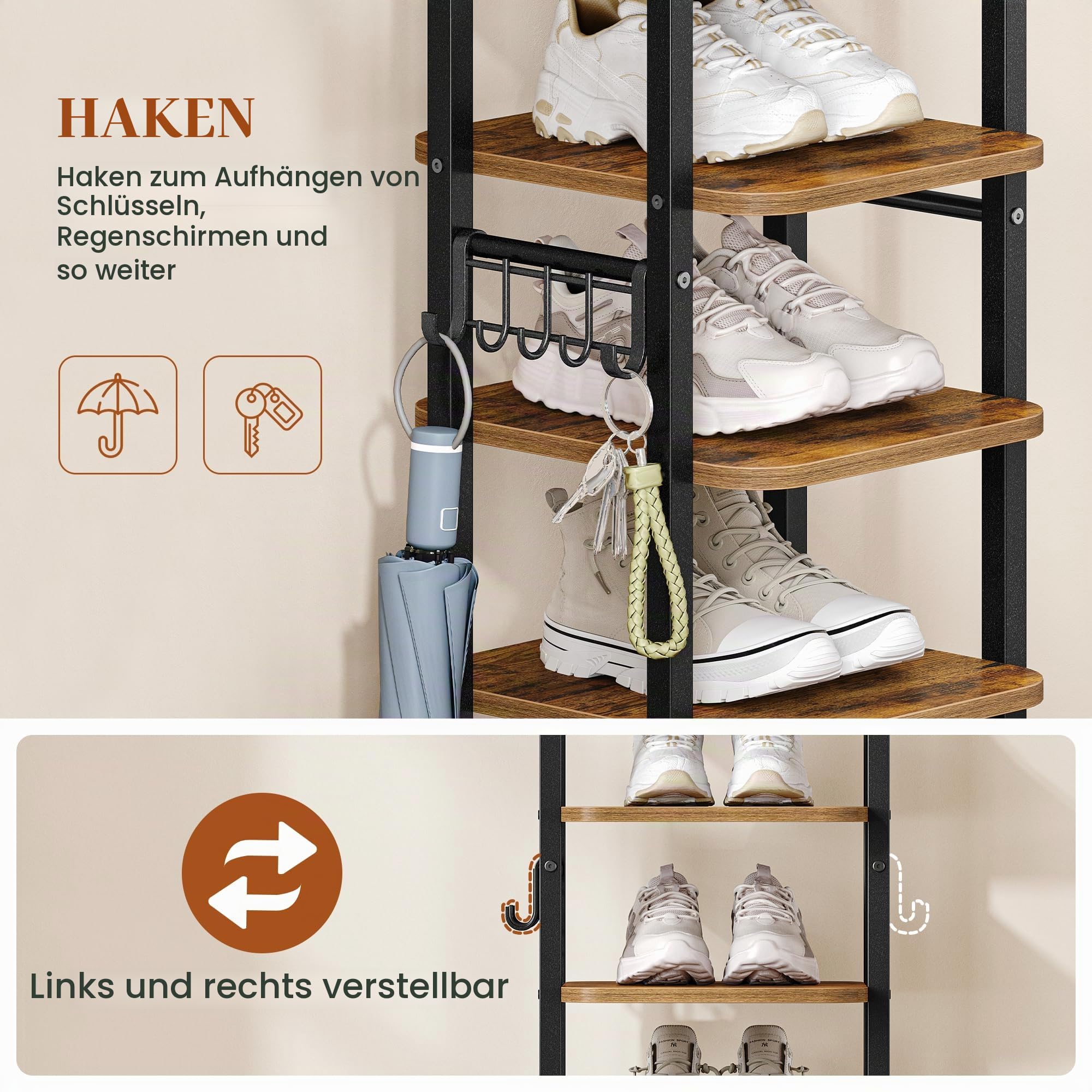 HEXCELEN Vertikales Schuhregal, 10 Ebenen Schuhregal, Braun und Schwarz