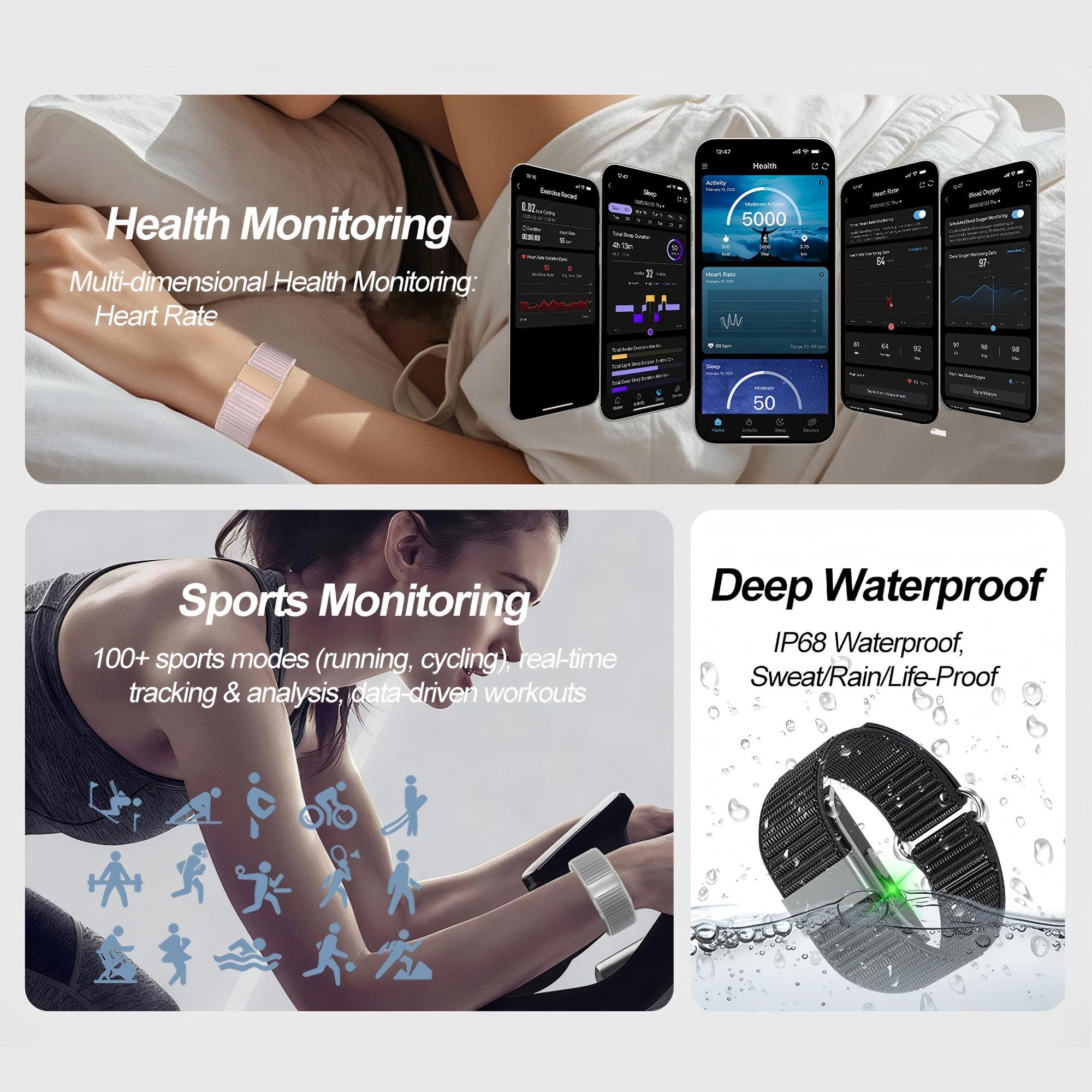 Montre connectée pour homme et femme - Montre de sport - Tracker de fitness - Android iOS - Étanche IP68 - Podomètre - Moniteur de fréquence cardiaque
