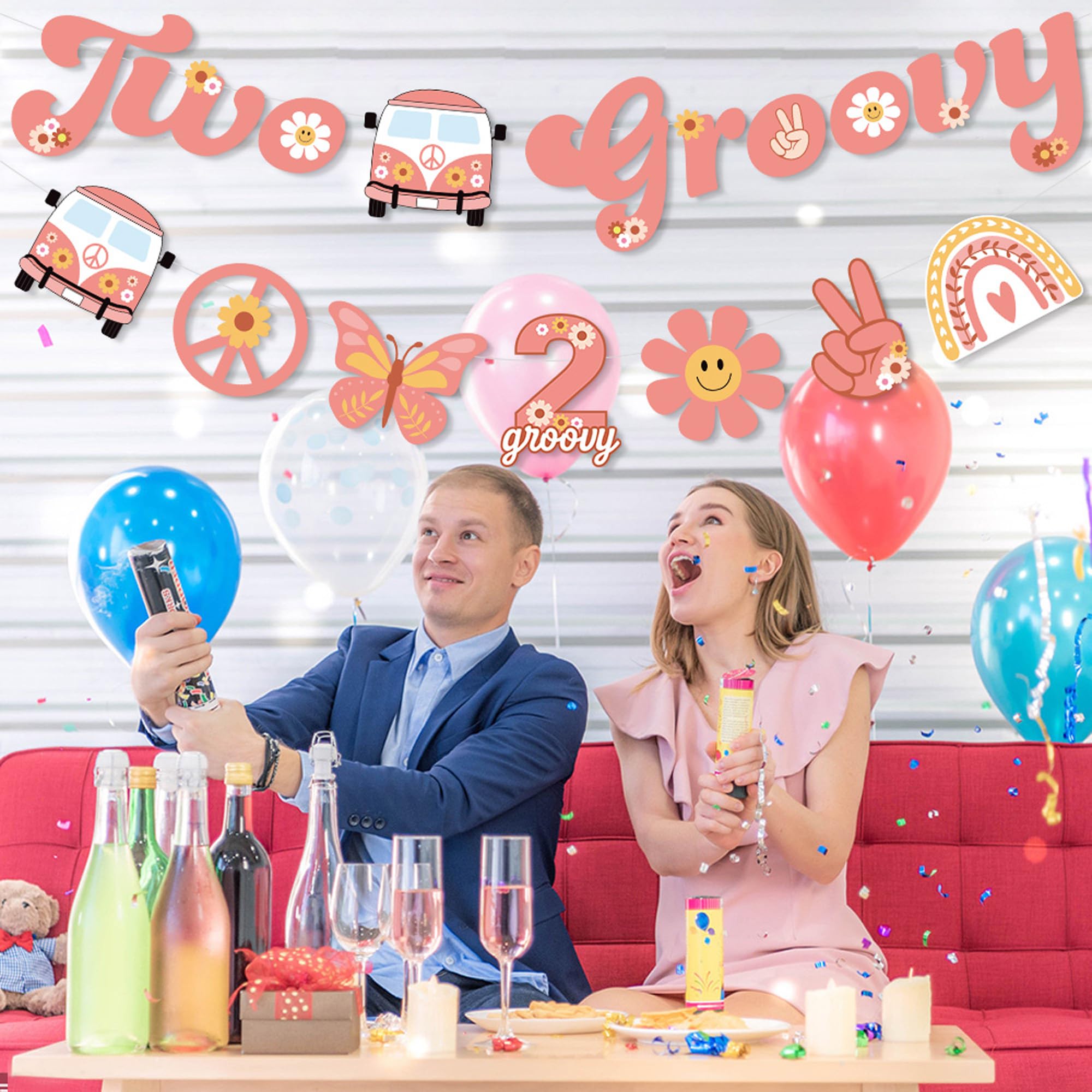 Two Groovy Party Banner & Garland - Hippie Boho Decor For Kids Girls Birthday, DIY Hanging Decoration