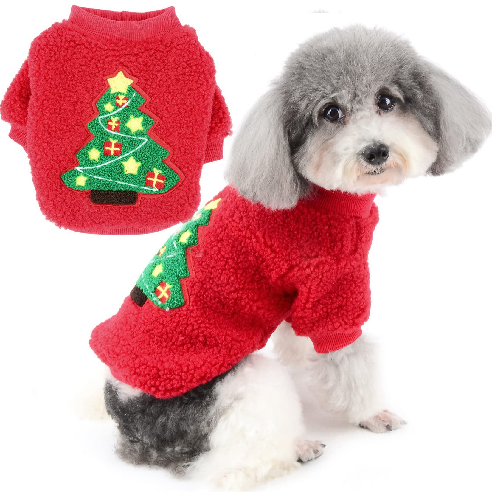 Zunea Small Dog Christmas Clothes Sweater Winter Coat Warm Fleece Puppy Clothes Jumper Christmas Tree Pullover Jacket Clothing Outfits Cold Weather Pet Chihuahua Apparel Red M