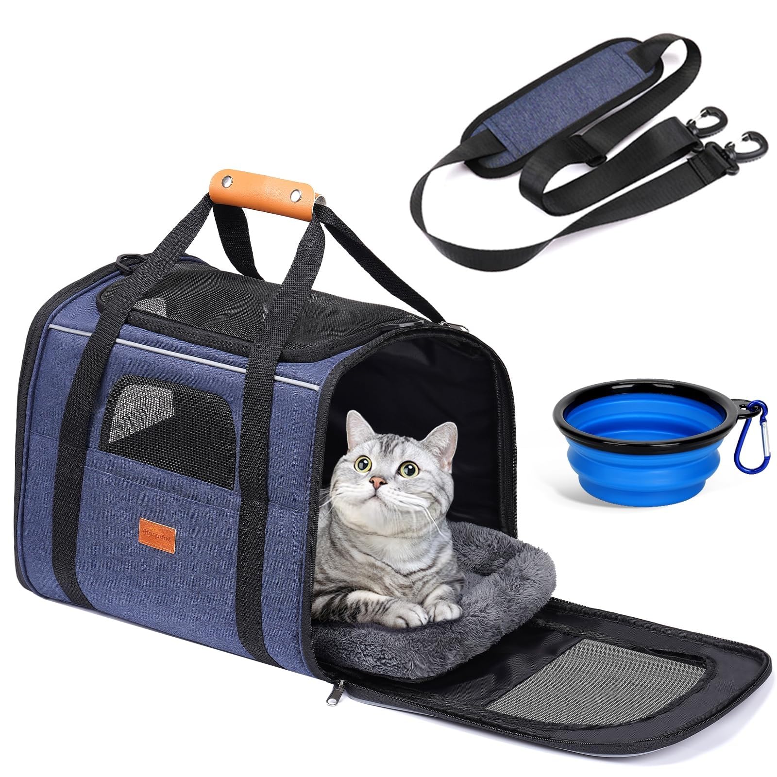 Morpilot Cat Carrier - Airline Approved, Top Opening Portable Dog Bag with Breathable Mesh/Removable Mat, Adjustable Shoulder Strap & Bowl, Foldable Travel Cage, M, Denim Blue (Max 7kg)